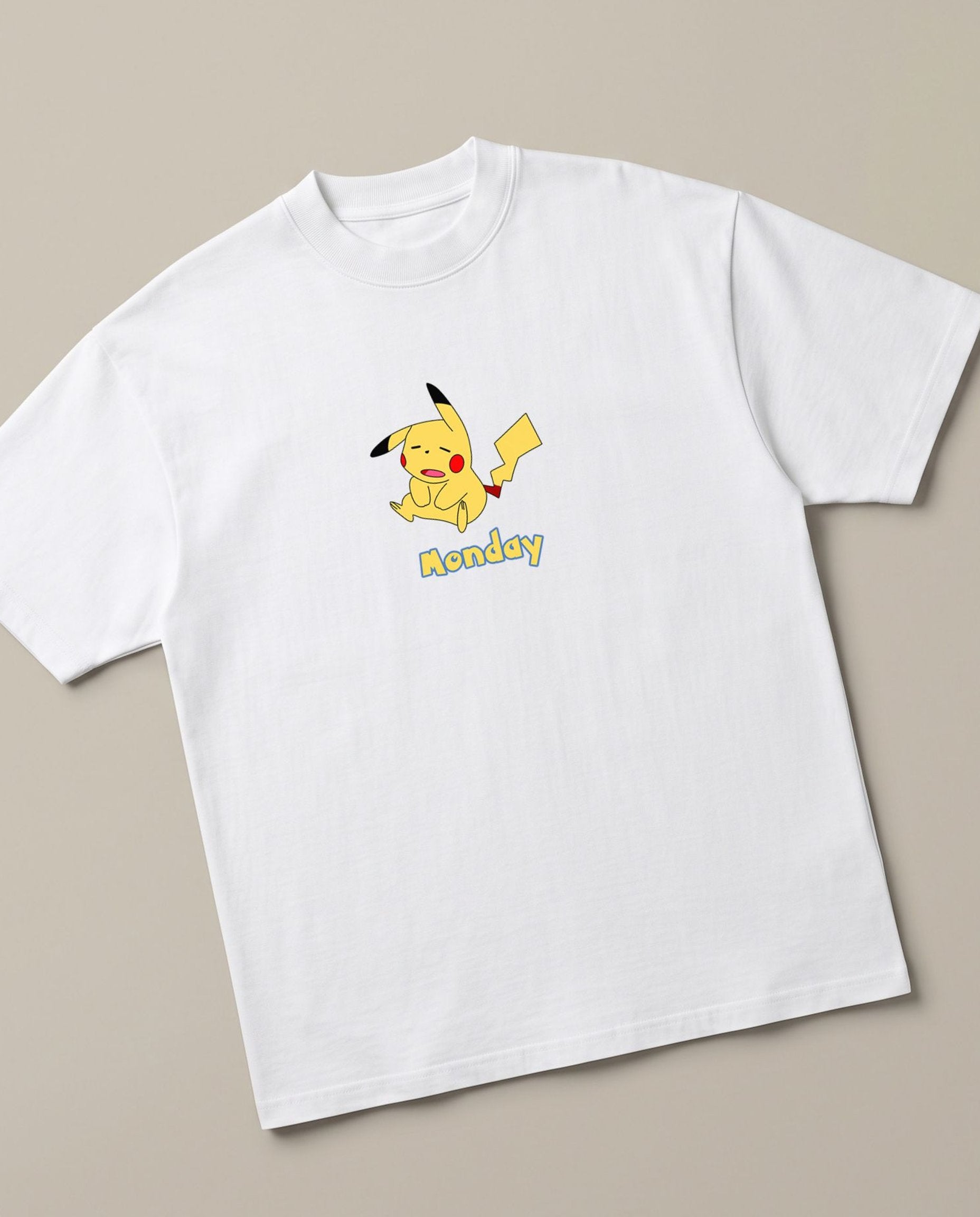 Poke Monday White oversized t-shirt — pickachu is tired of monday, angled view