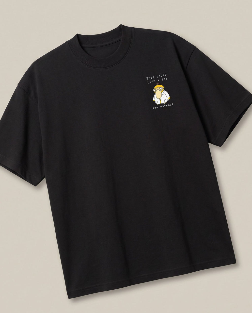 Psyence Black oversized t-shirt — psyduck doctor be aware, angled view