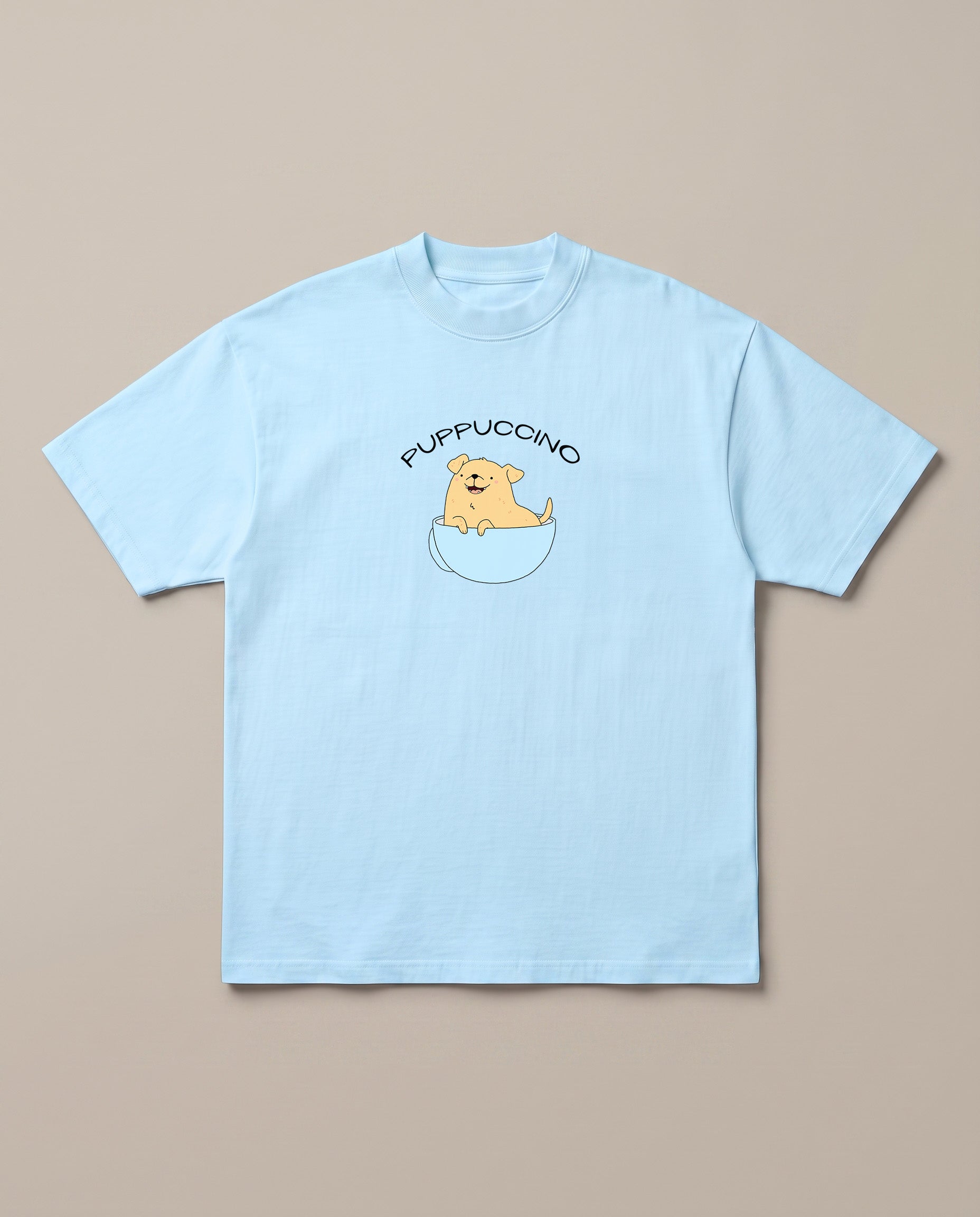 Puppuccino Baby Blue oversized t-shirt — dog in cup of coffee, front print