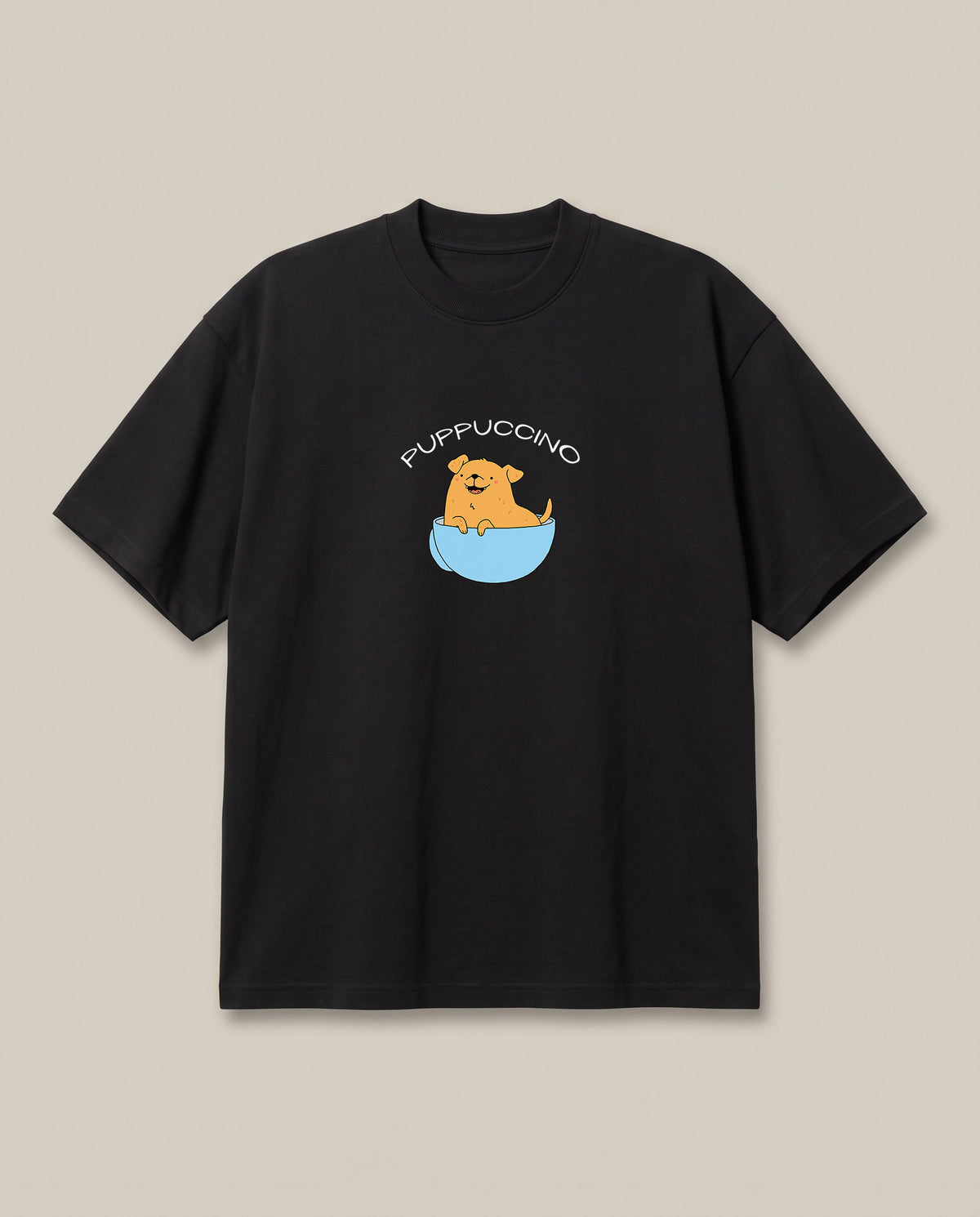 Puppuccino Black oversized t-shirt — dog in cup of coffee, front print