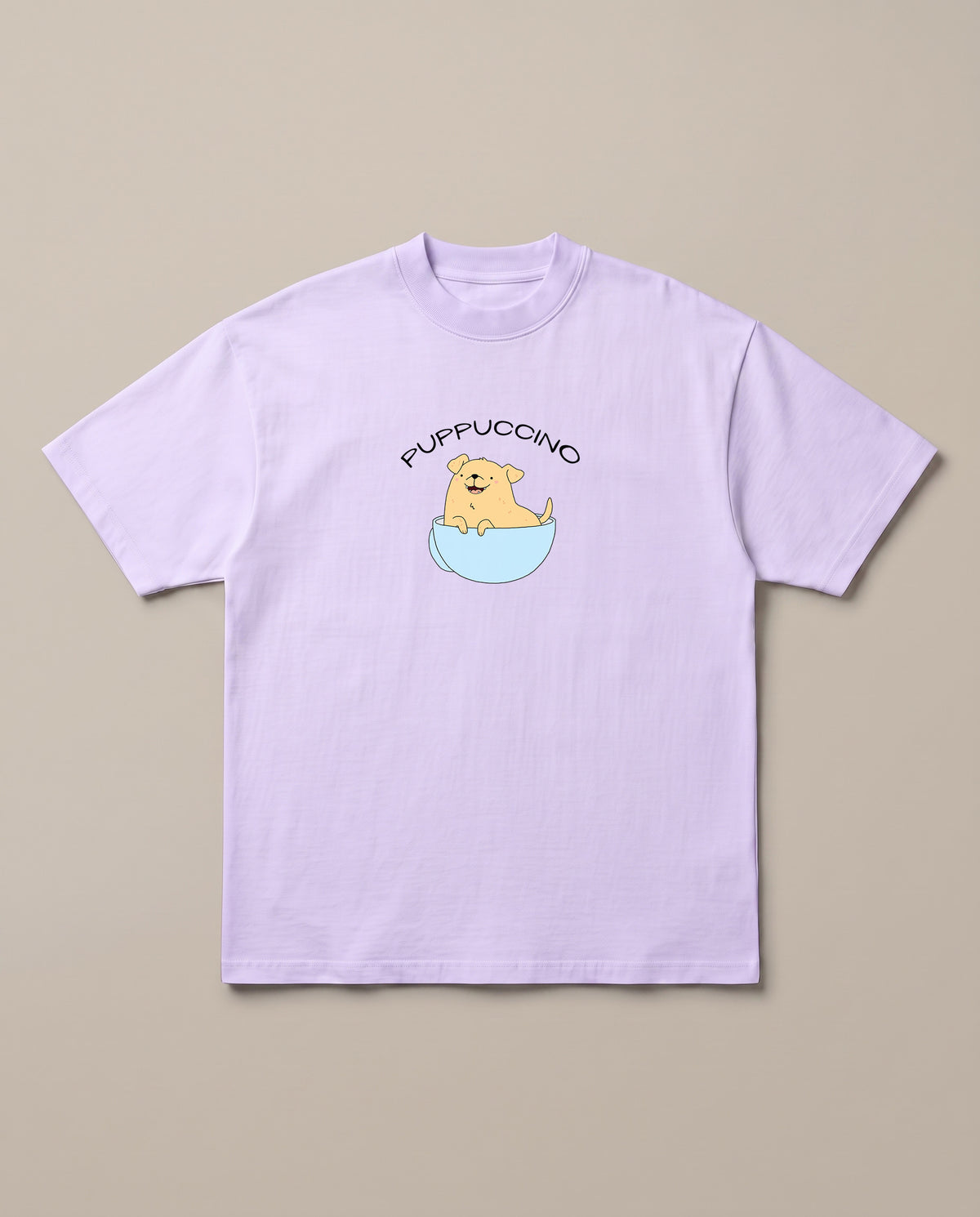 Puppuccino Lavender oversized t-shirt — dog in cup of coffee, front print