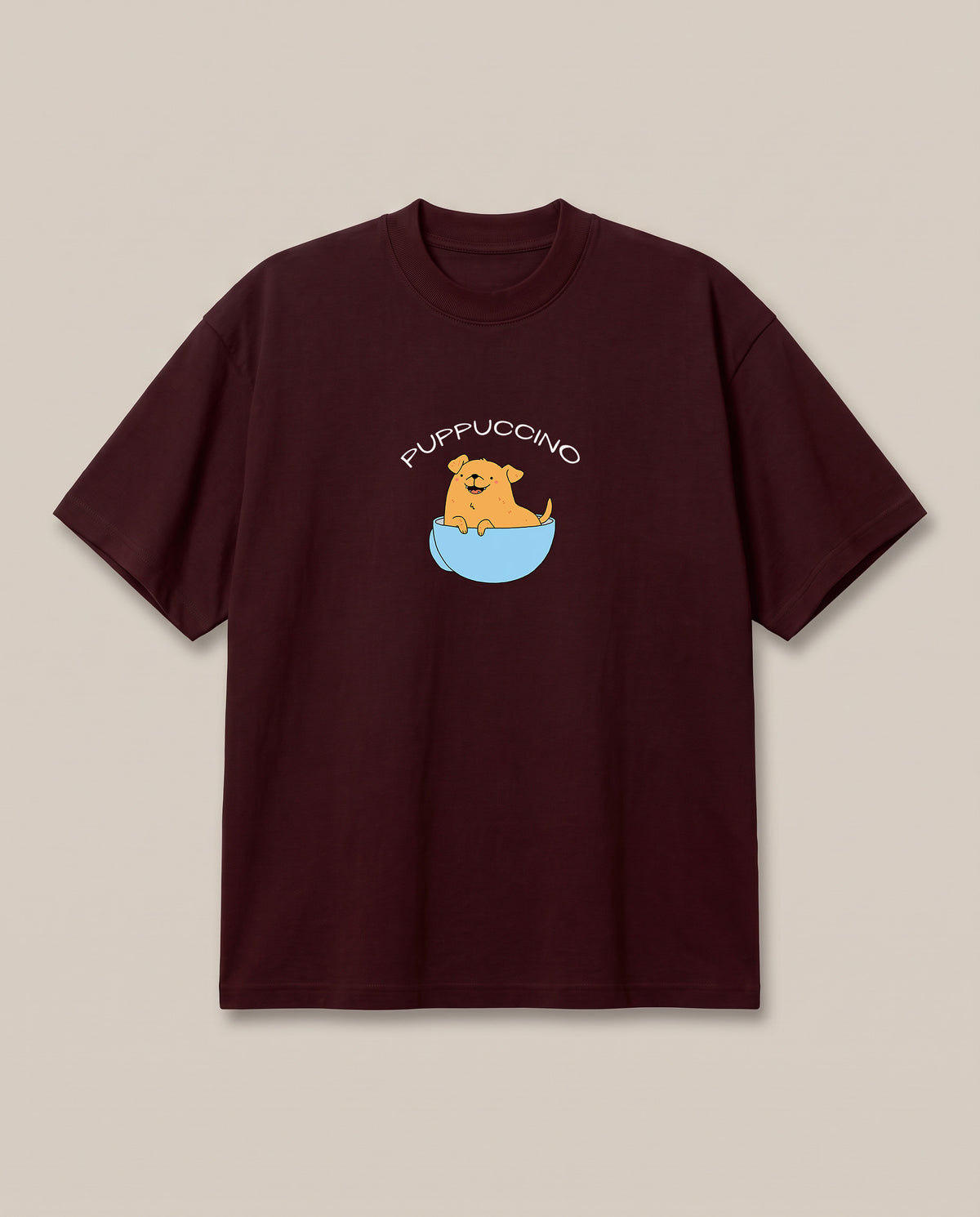 Puppuccino Maroon oversized t-shirt — dog in cup of coffee, front print