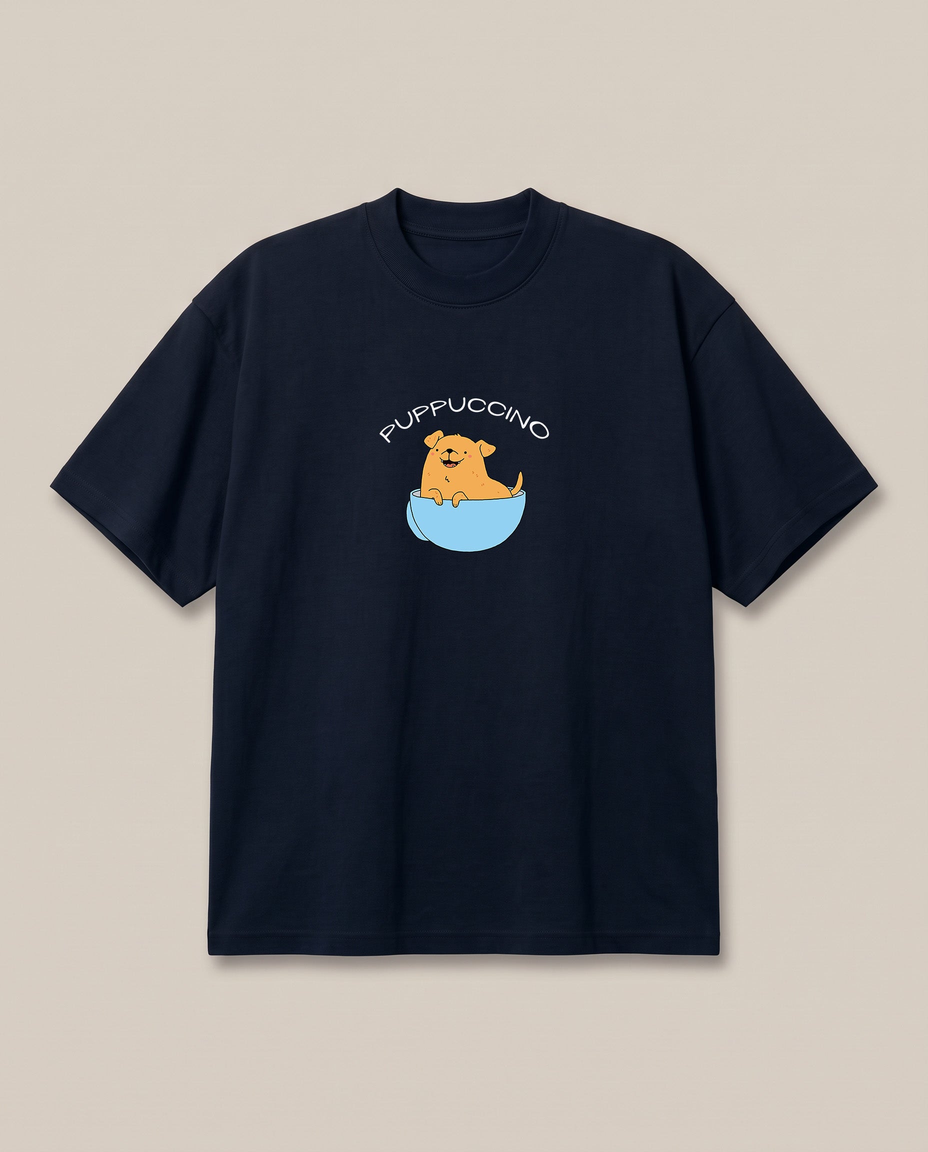 Puppuccino Navy oversized t-shirt — dog in cup of coffee, front print