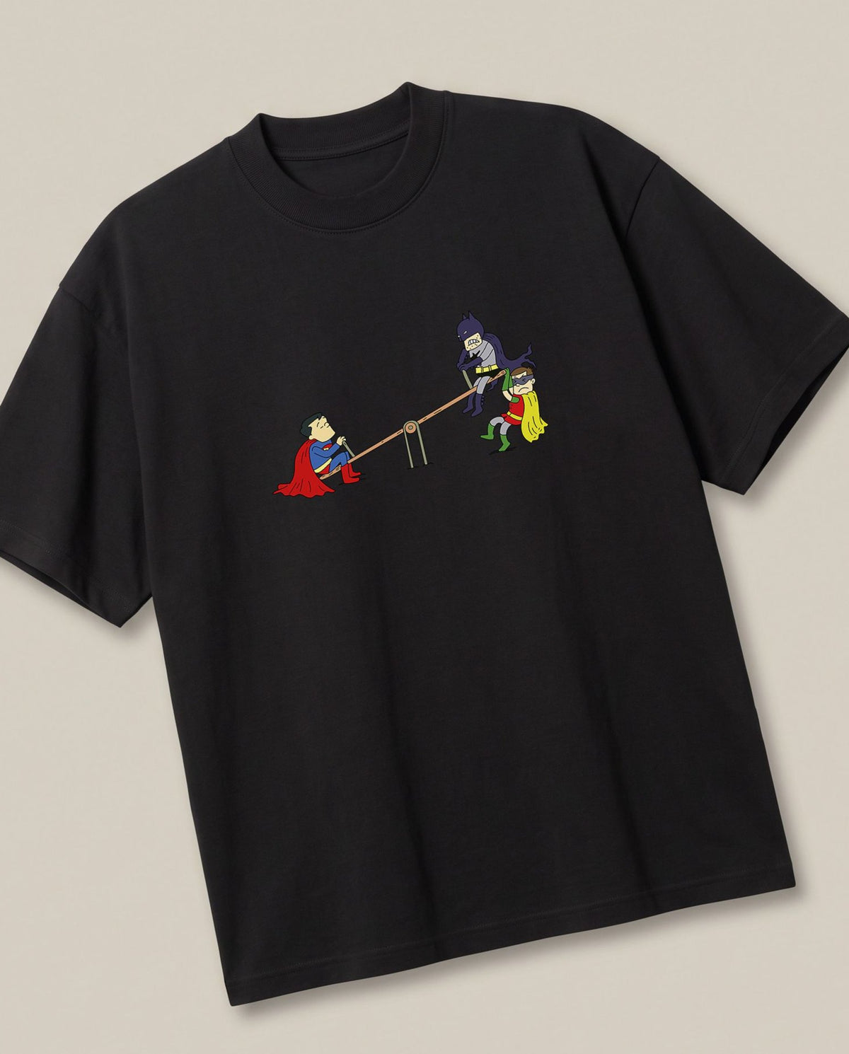 Real Dawn of Justice Black oversized t-shirt — superman batman civil war, angled view