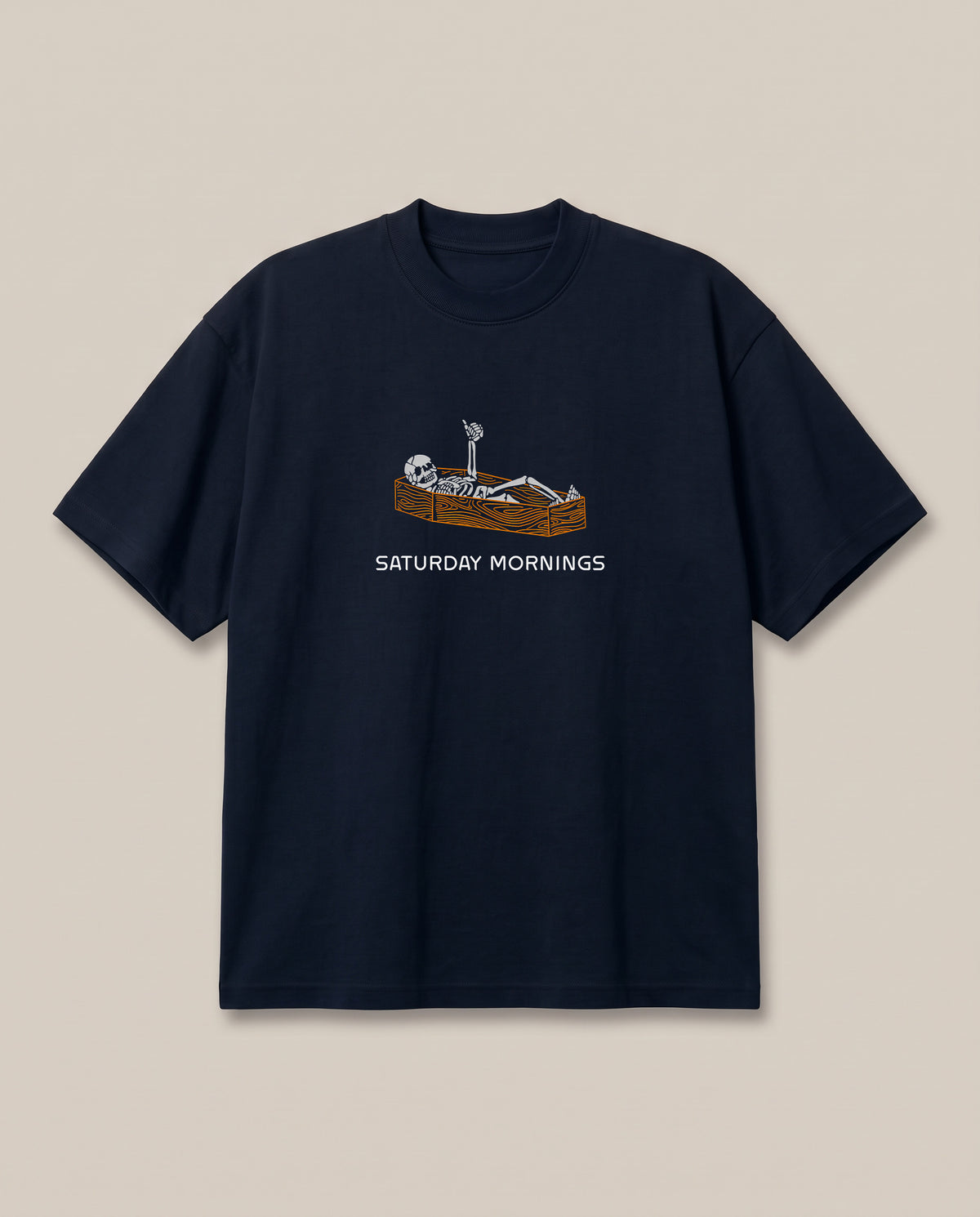 Saturday Mornings! Navy oversized t-shirt — like getting hangover from office work, front print