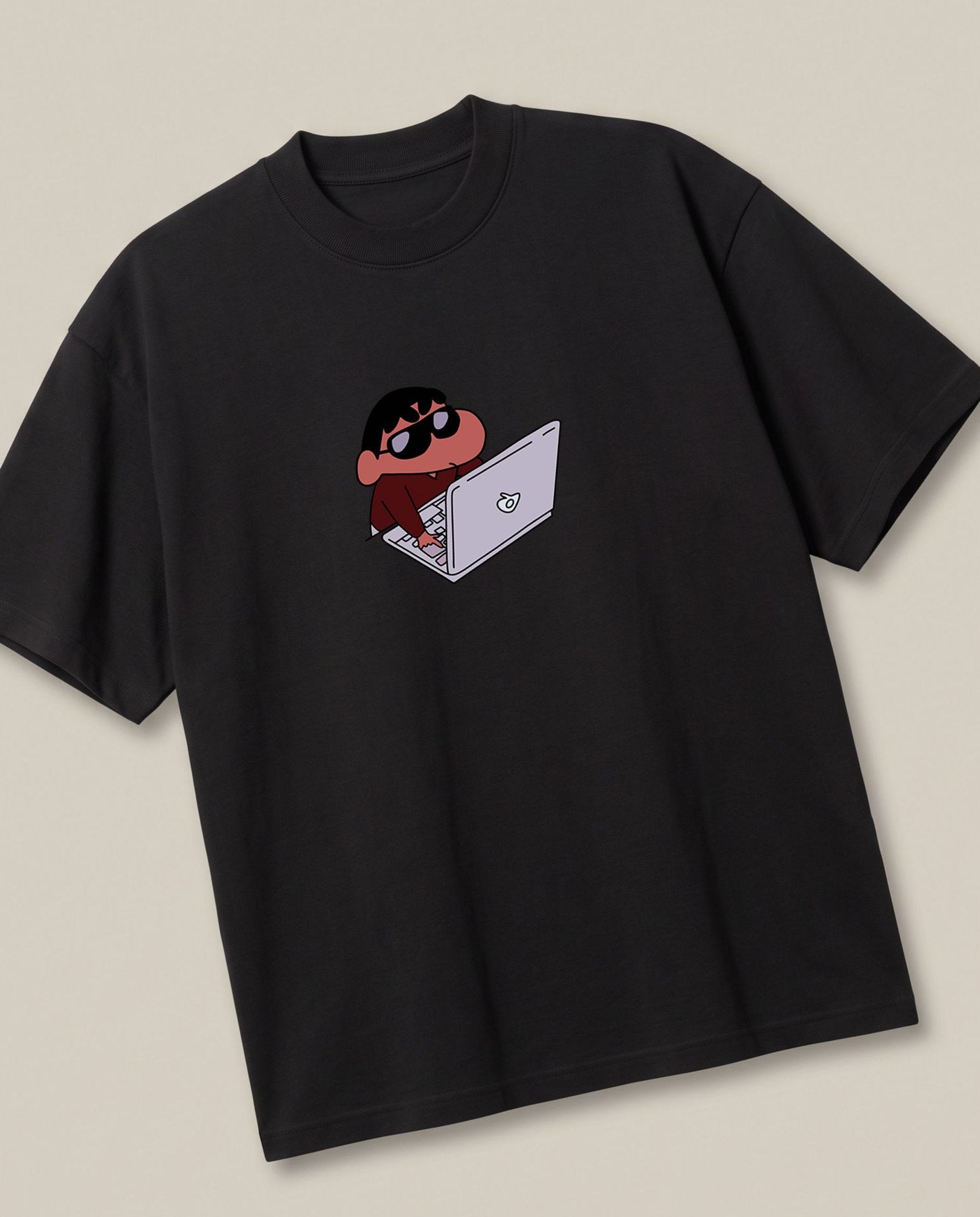Hackerman Shinchan Black oversized t-shirt — shinchan is hacking, angled view
