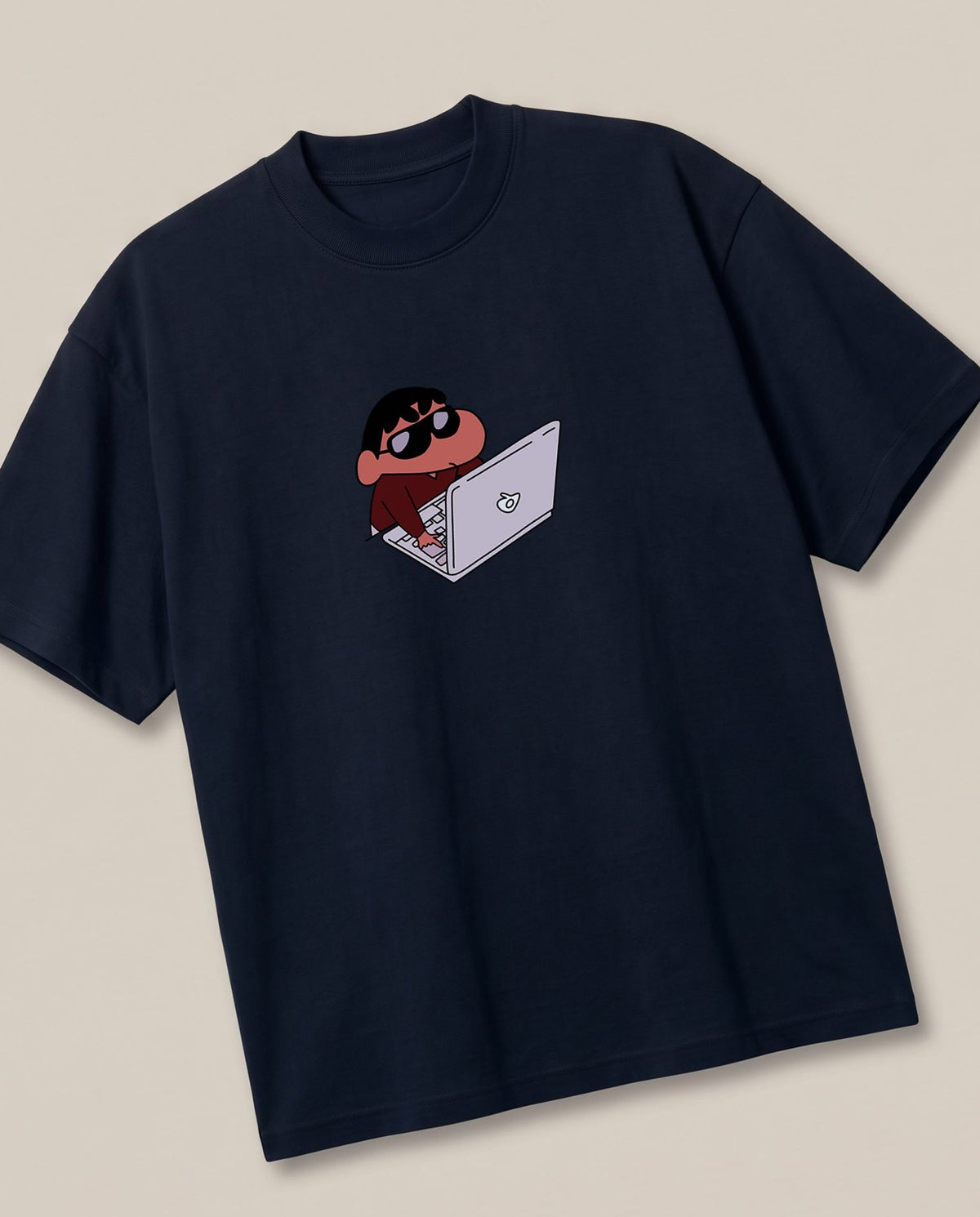 Hackerman Shinchan Navy oversized t-shirt — shinchan is hacking, angled view