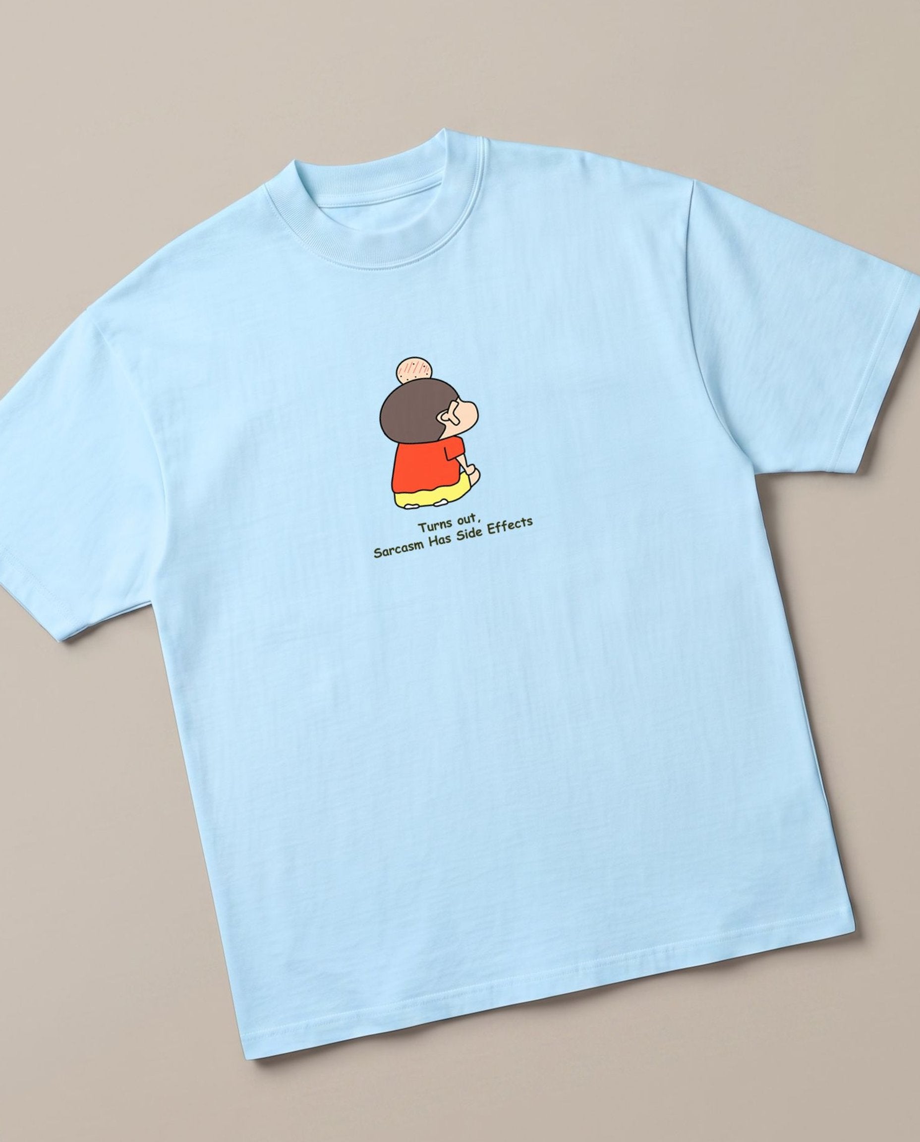 Sarcasm Backfired – Shinchan Edition Baby Blue oversized t-shirt — shinchan got hit by  Misae Nohara, angled view