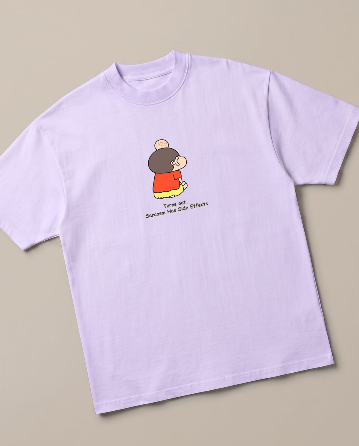 Sarcasm Backfired – Shinchan Edition Lavender oversized t-shirt — shinchan got hit by  Misae Nohara, angled view