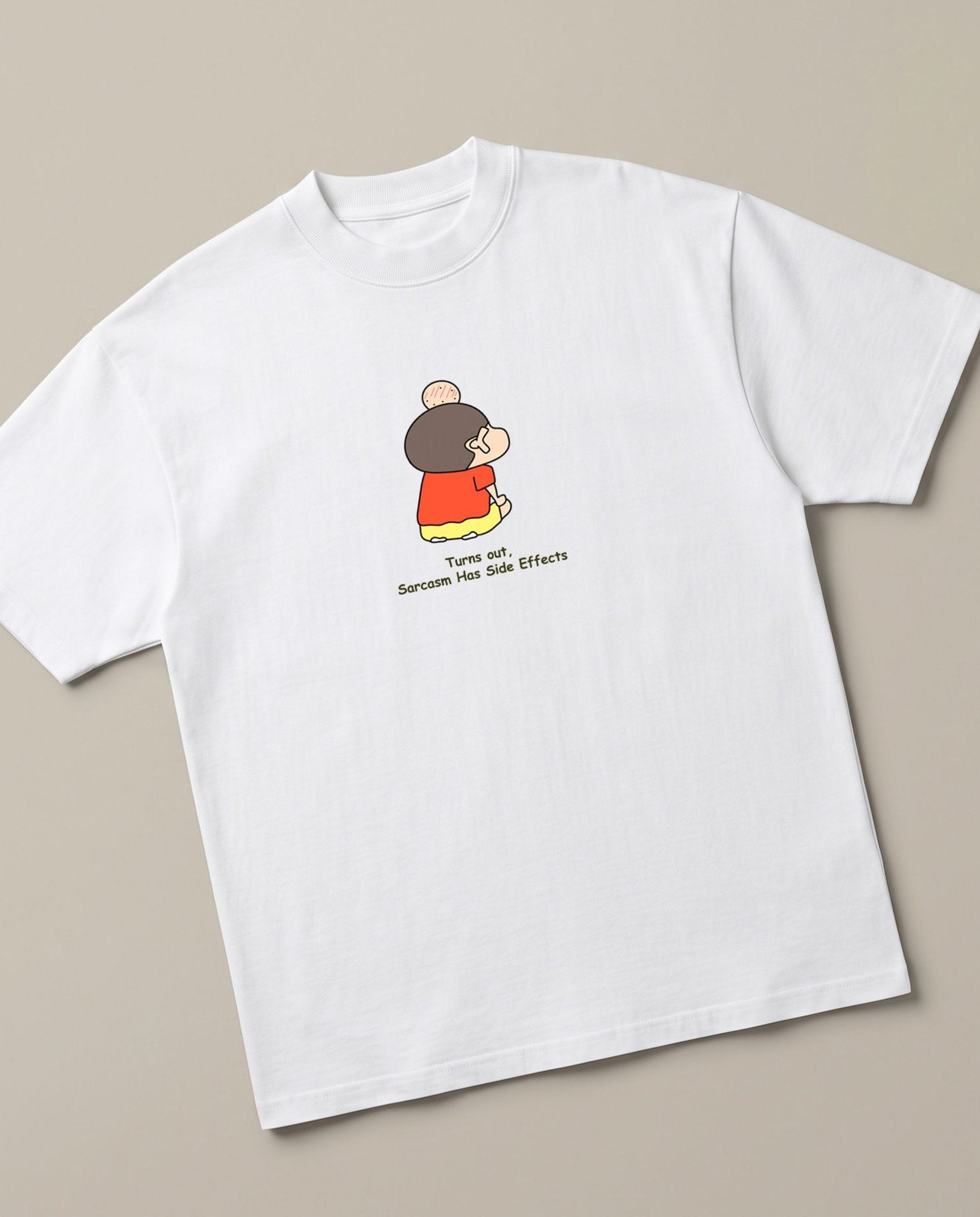 Sarcasm Backfired – Shinchan Edition White oversized t-shirt — shinchan got hit by  Misae Nohara, angled view