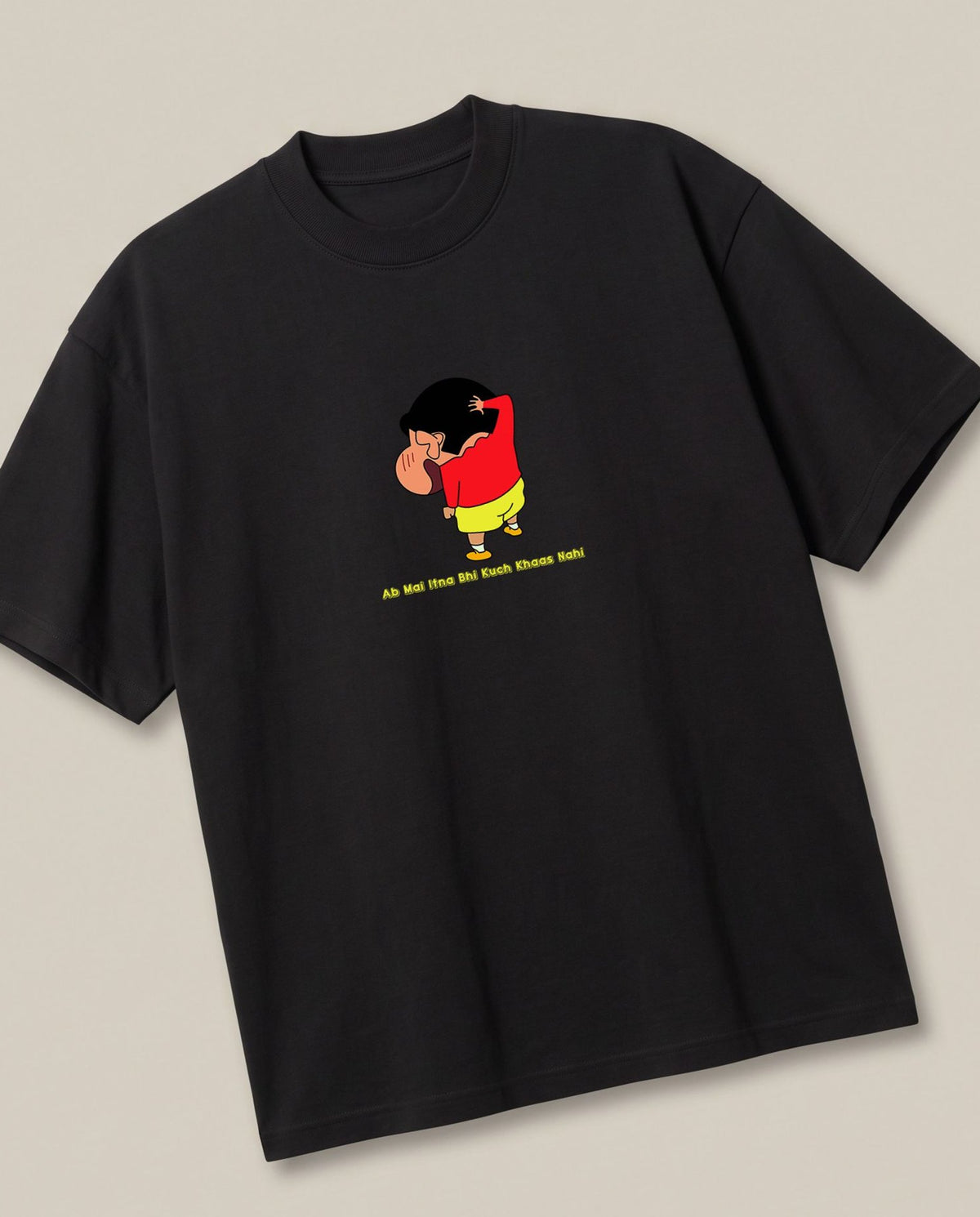 Shinchan Vibes Only Black oversized t-shirt — really shy or just acting out, angled view