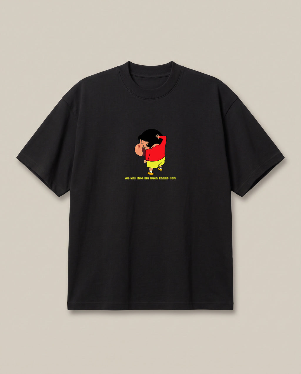 Shinchan Vibes Only Black oversized t-shirt — really shy or just acting out, front print
