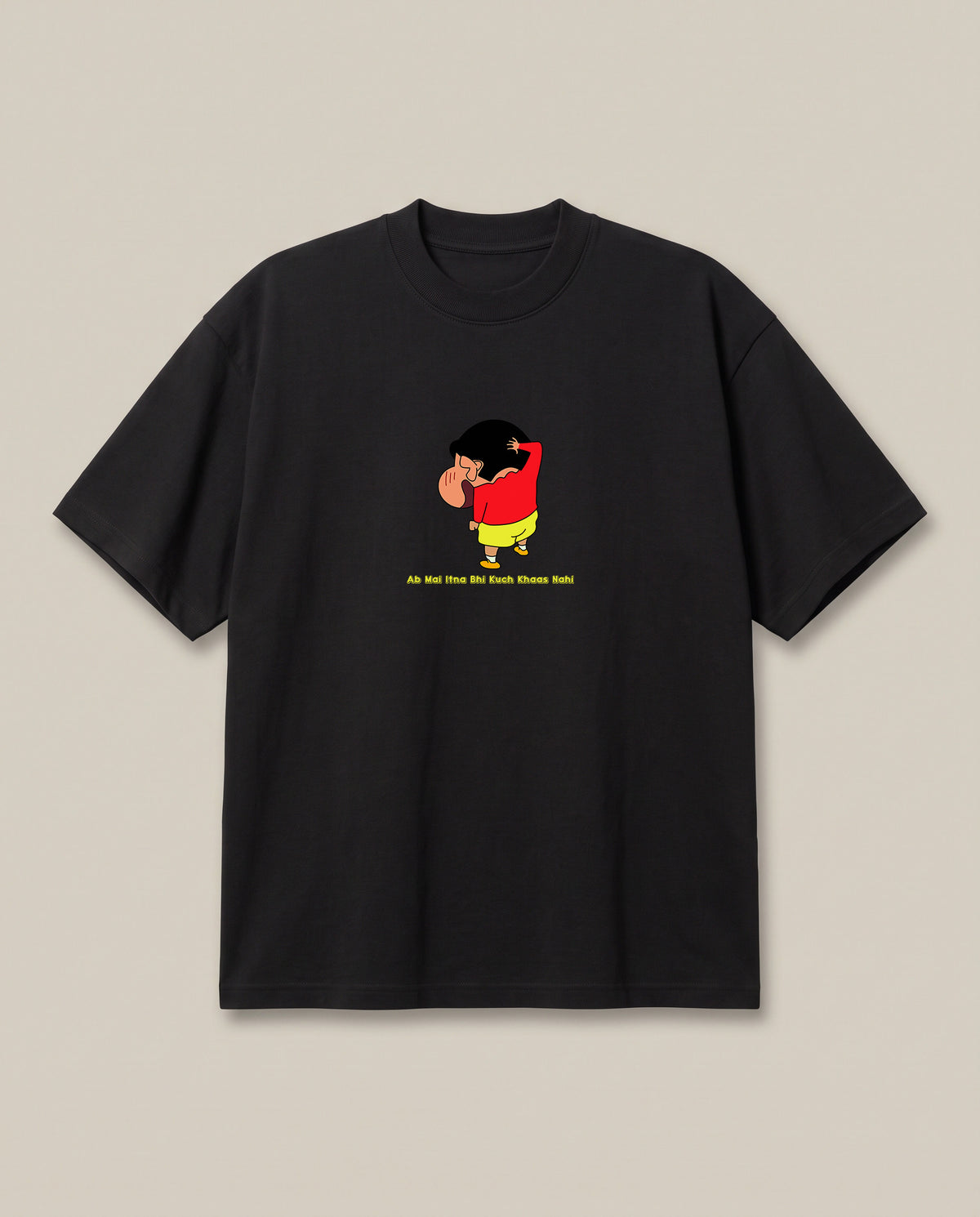 Shinchan Vibes Only Black oversized t-shirt — really shy or just acting out, front print