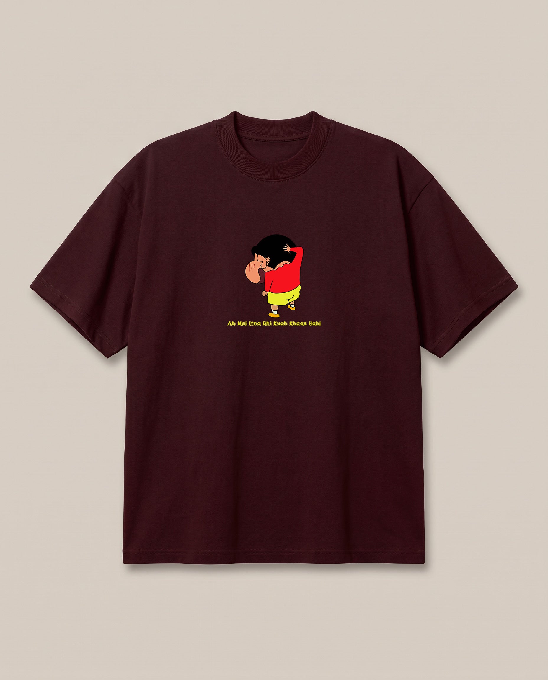 Shinchan Vibes Only Maroon oversized t-shirt — really shy or just acting out, front print