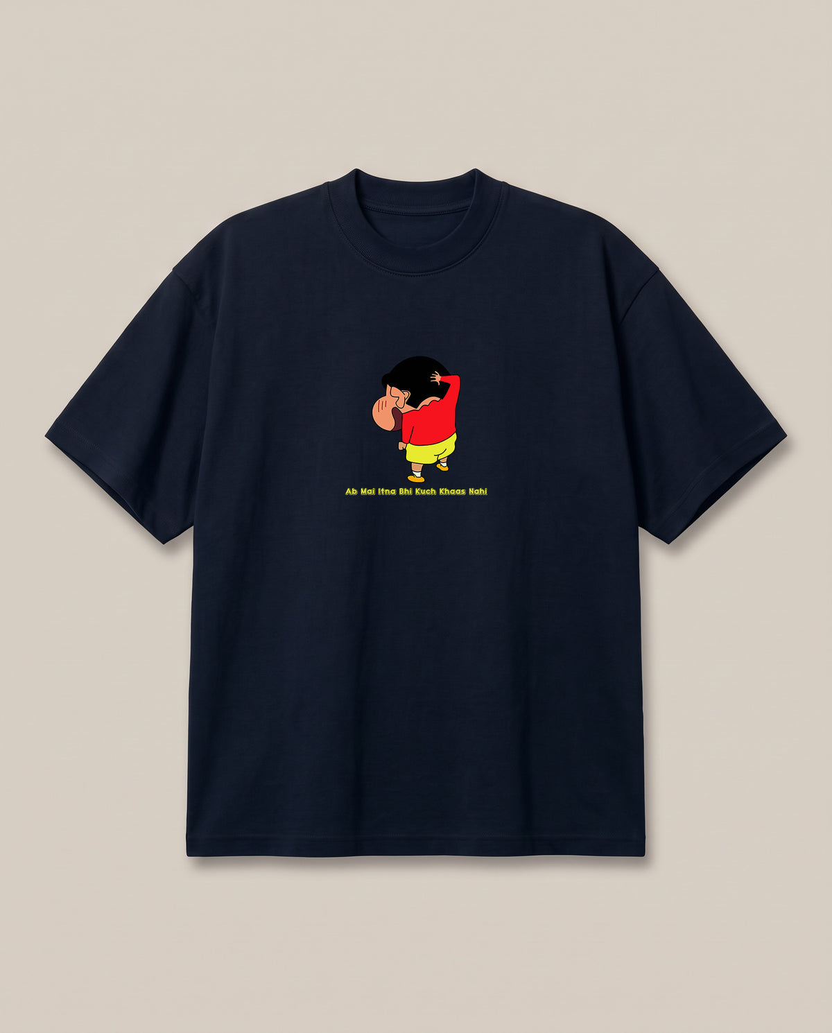 Shinchan Vibes Only Navy oversized t-shirt — really shy or just acting out, front print