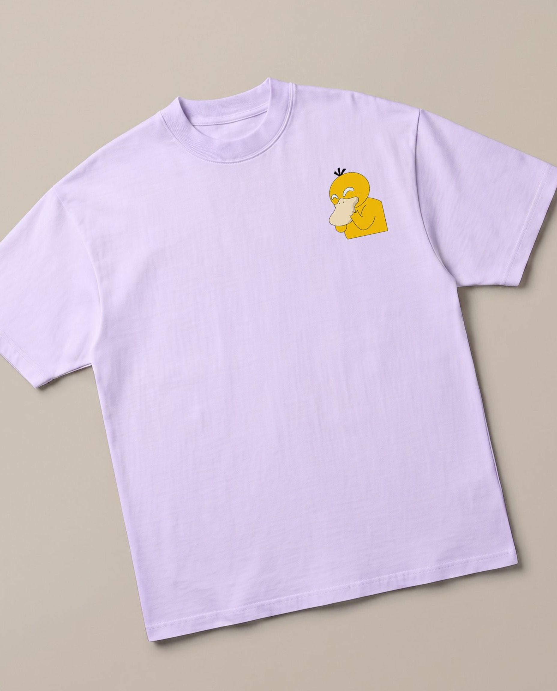 Shyduck Lavender oversized t-shirt — psyduck pokemon is very shy, angled view