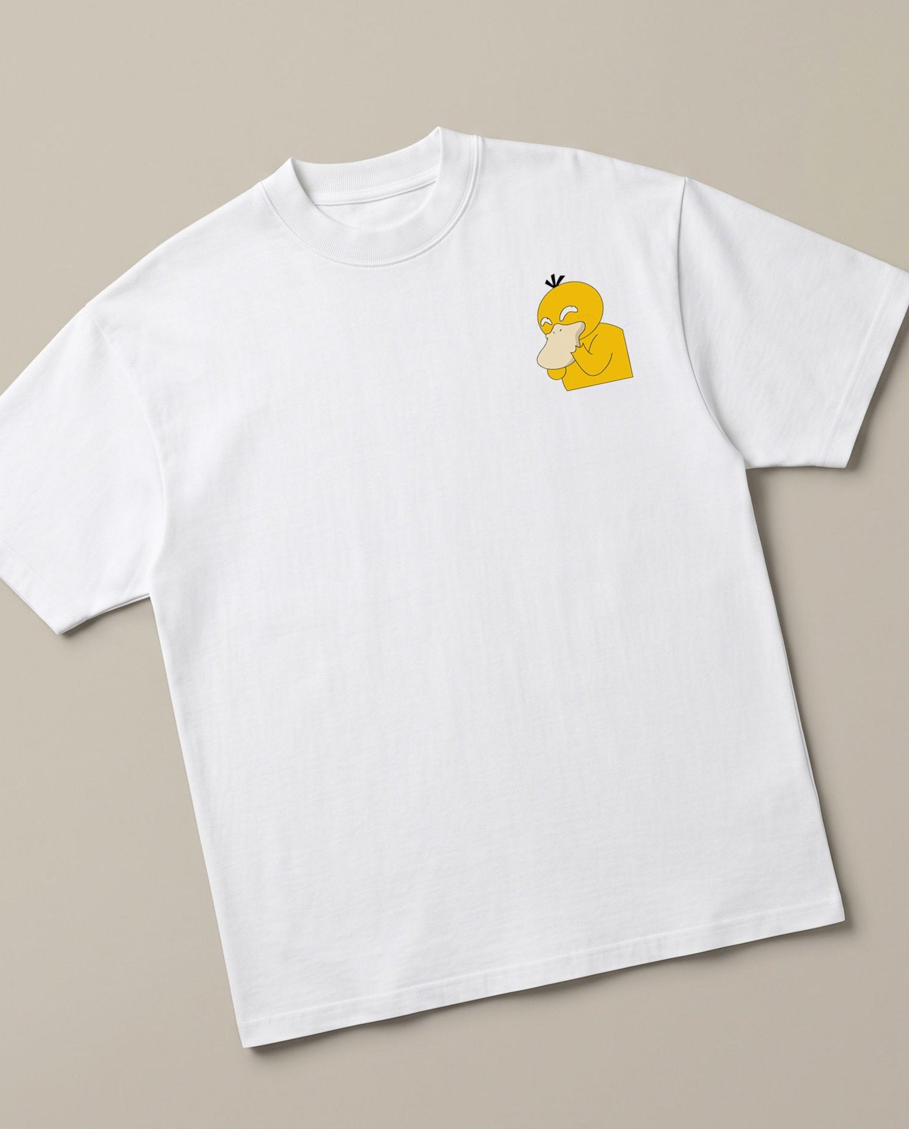 Shyduck White oversized t-shirt — psyduck pokemon is very shy, angled view