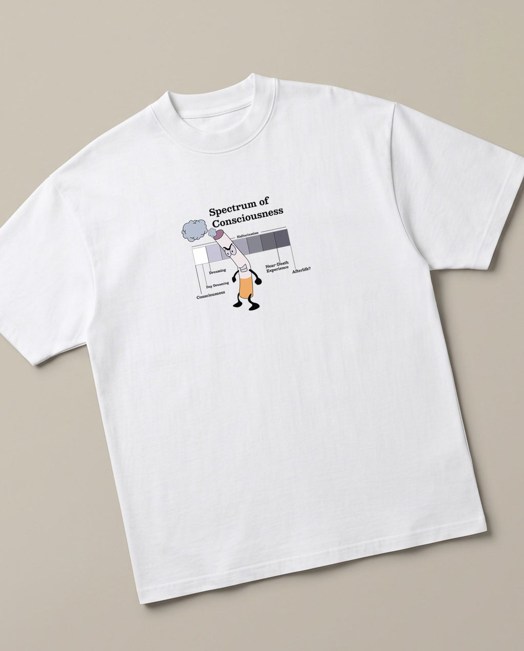 Spectrum White oversized t-shirt — spectrum of conciusness through the pov of a ciggrate, angled view