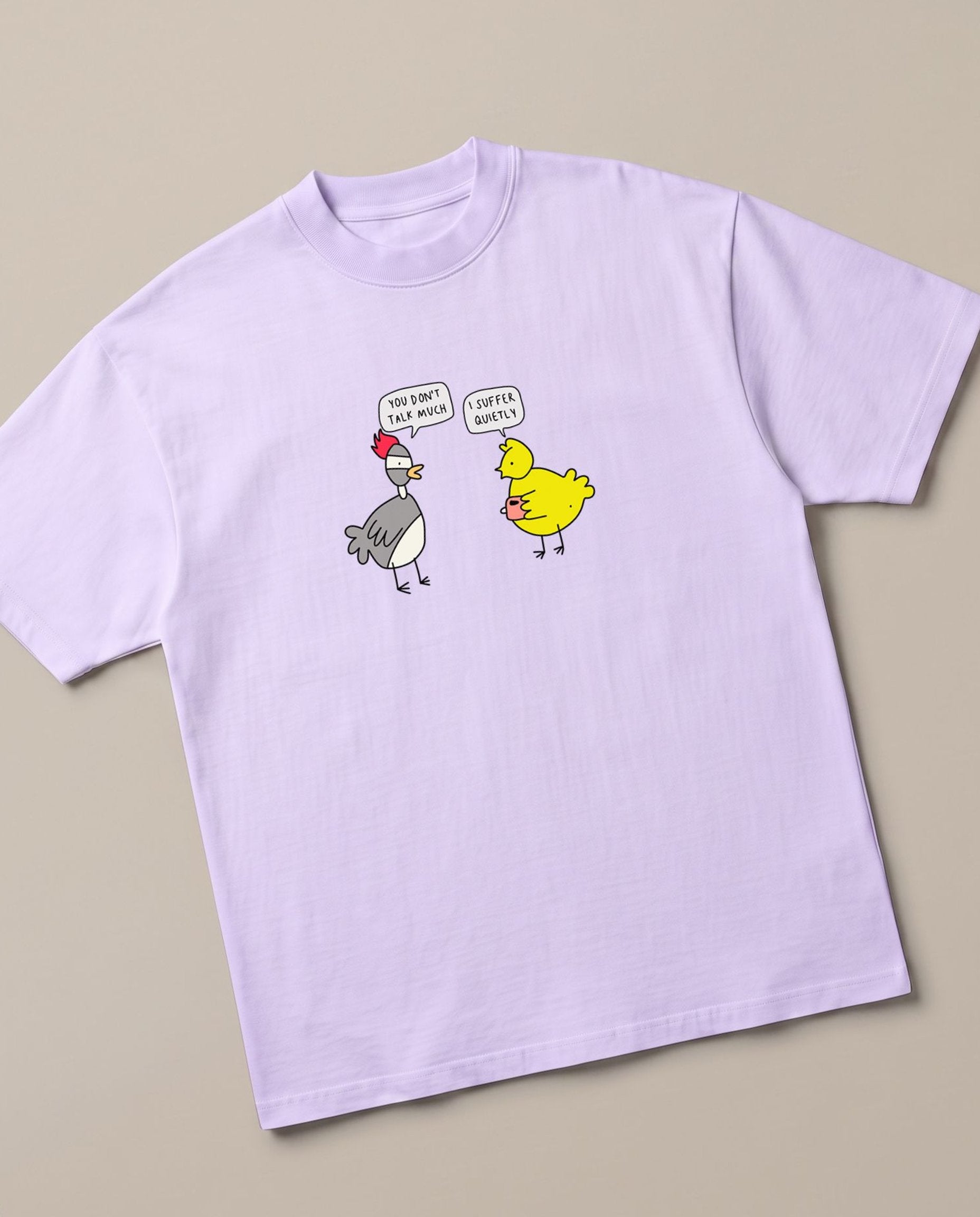 Suffer in Silence Lavender oversized t-shirt, angled view