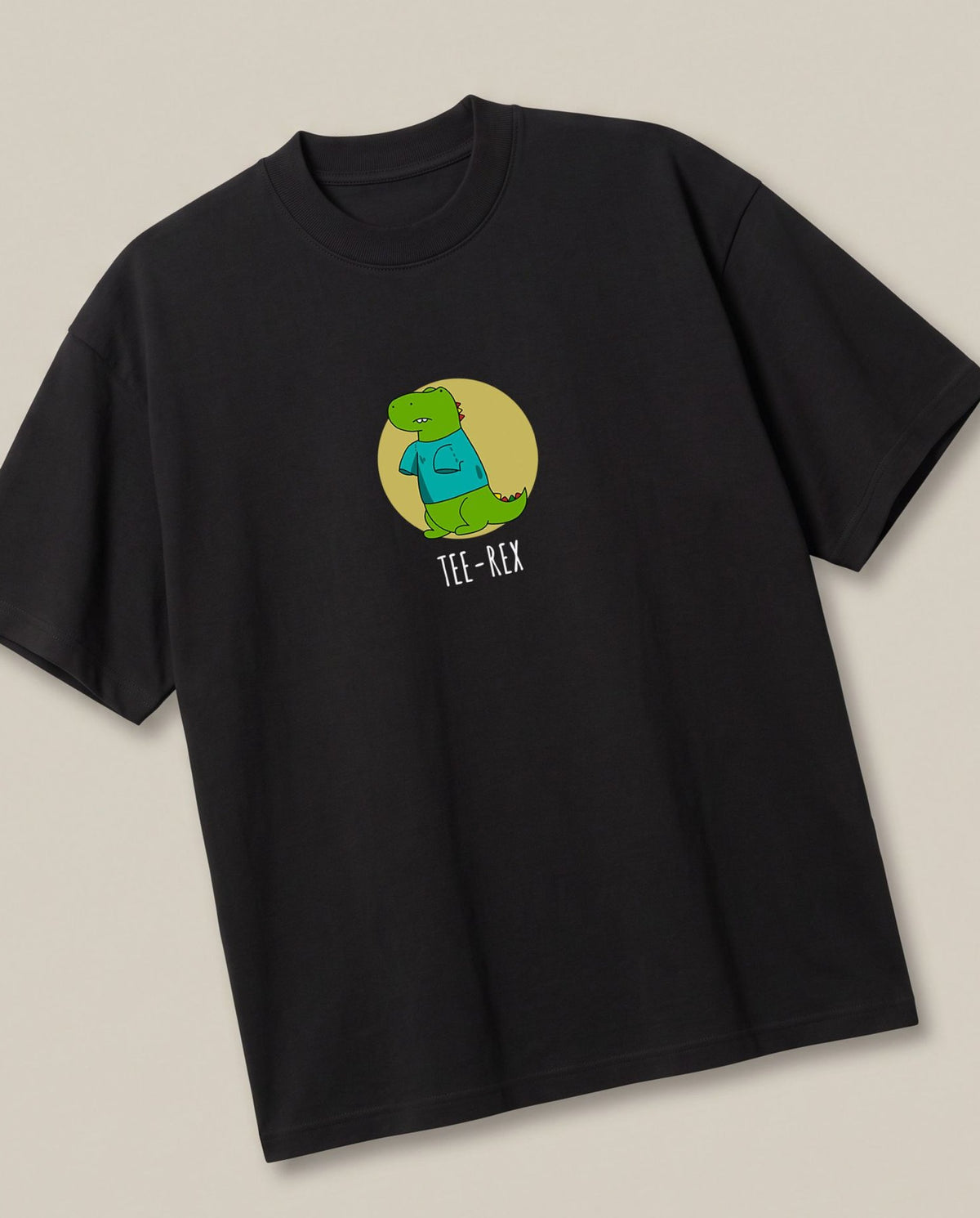 TEE-REX Black oversized t-shirt — trex wearing a tshirt, angled view