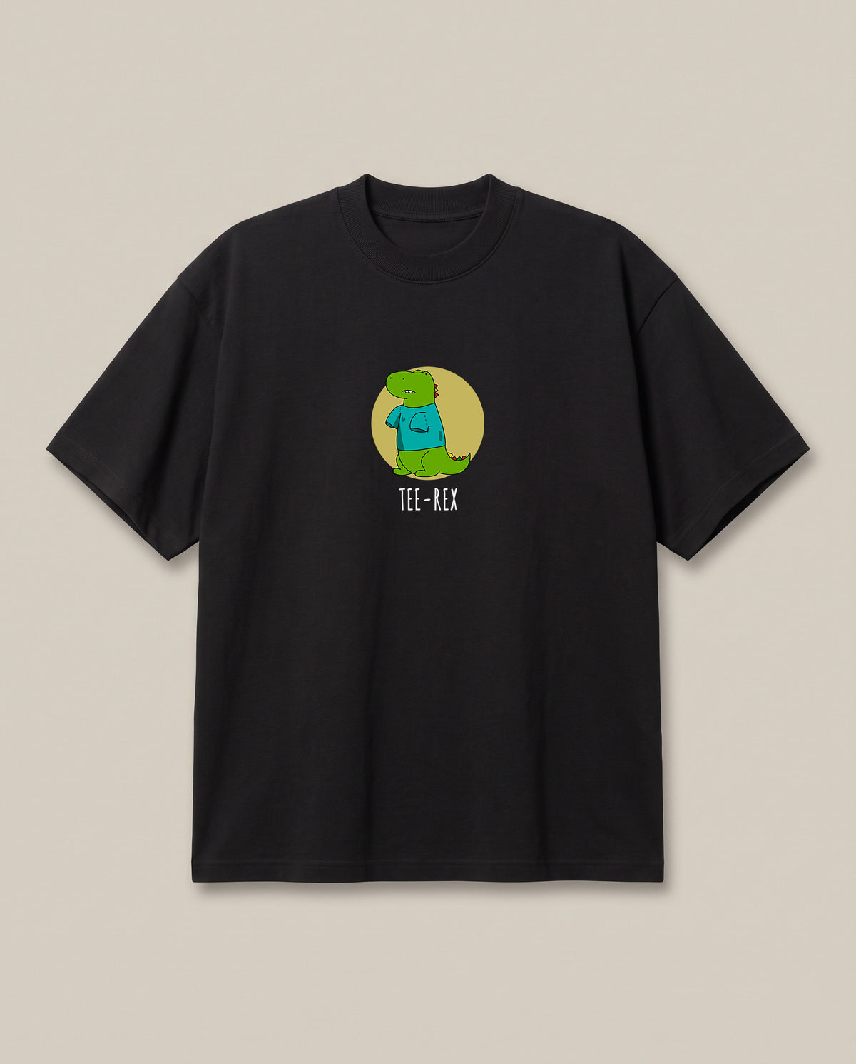 TEE-REX Black oversized t-shirt — trex wearing a tshirt, front print