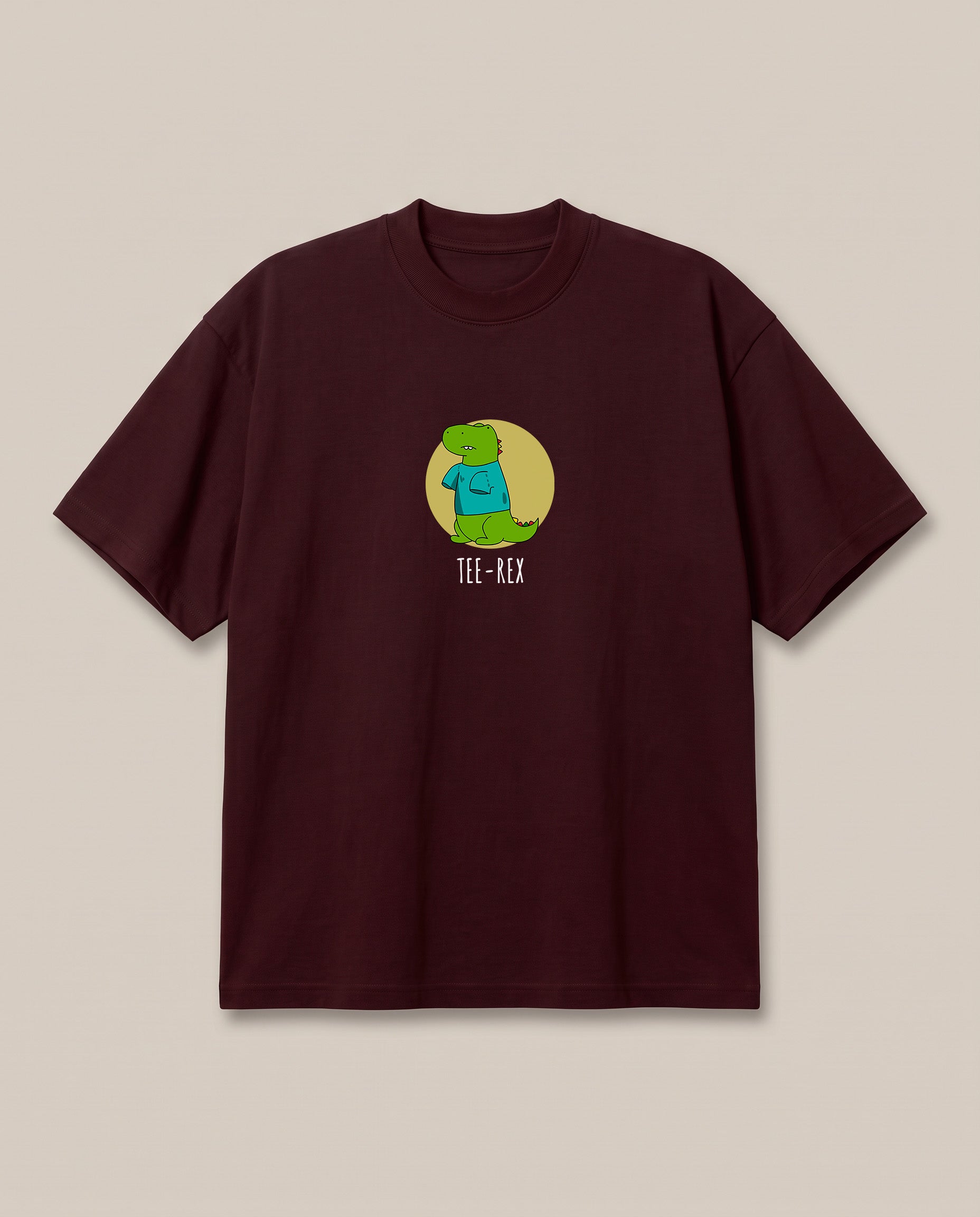 TEE-REX Maroon oversized t-shirt — trex wearing a tshirt, front print