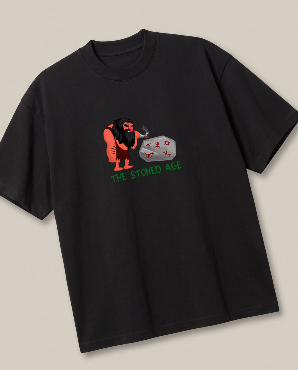 The Stoned Age Black oversized t-shirt — high in the stoned aged, angled view