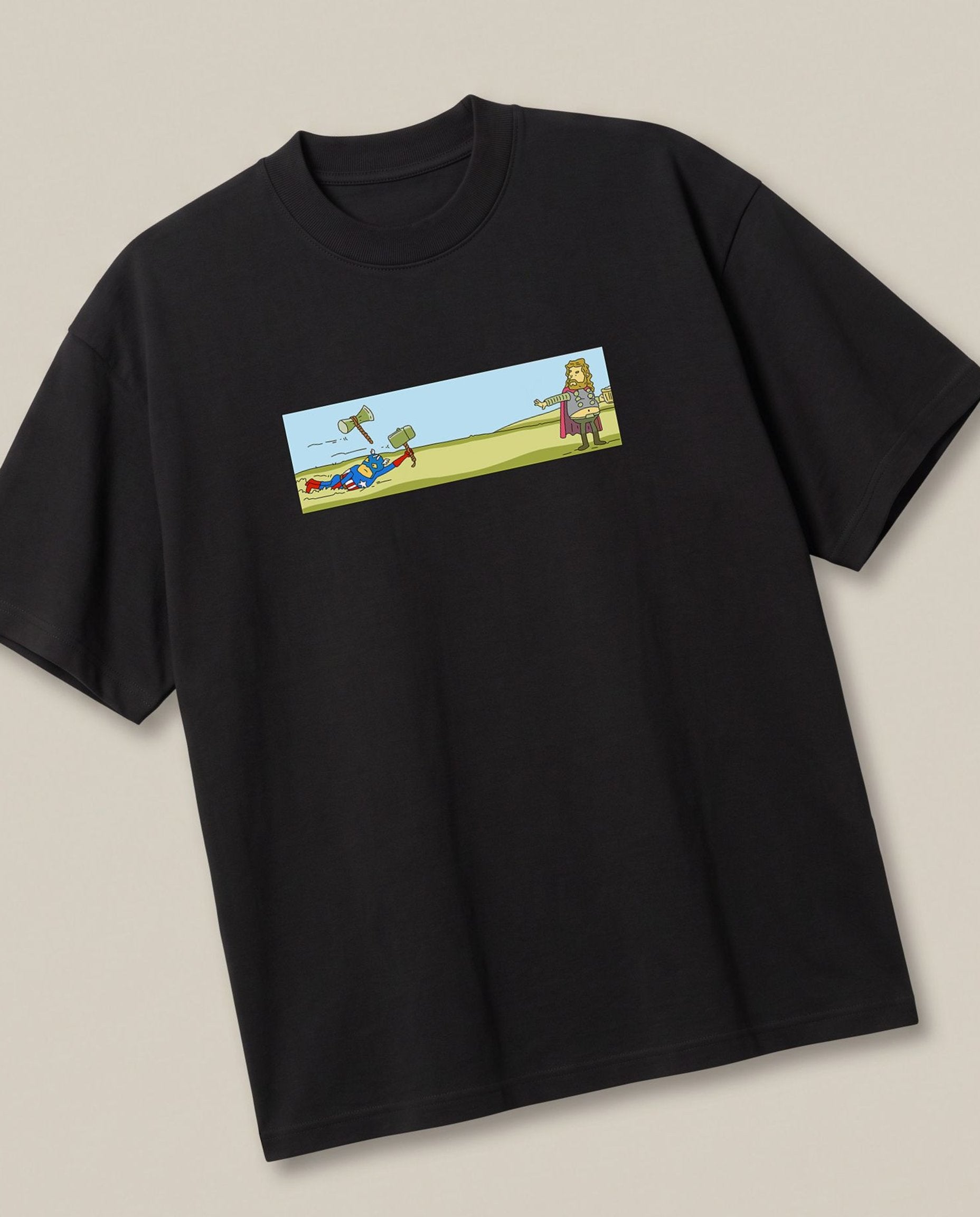 Thor vs Captain America Black oversized t-shirt — real marvel civil war, angled view