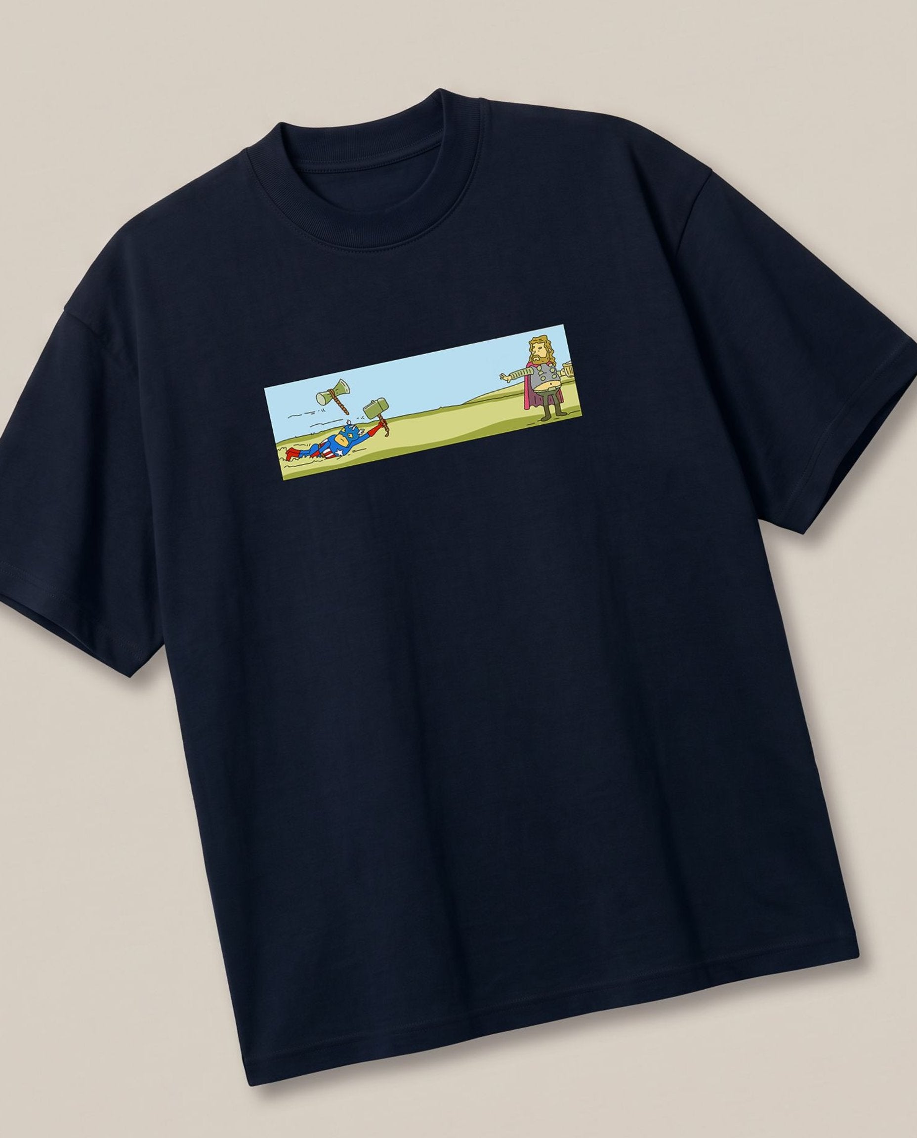 Thor vs Captain America Navy oversized t-shirt — real marvel civil war, angled view