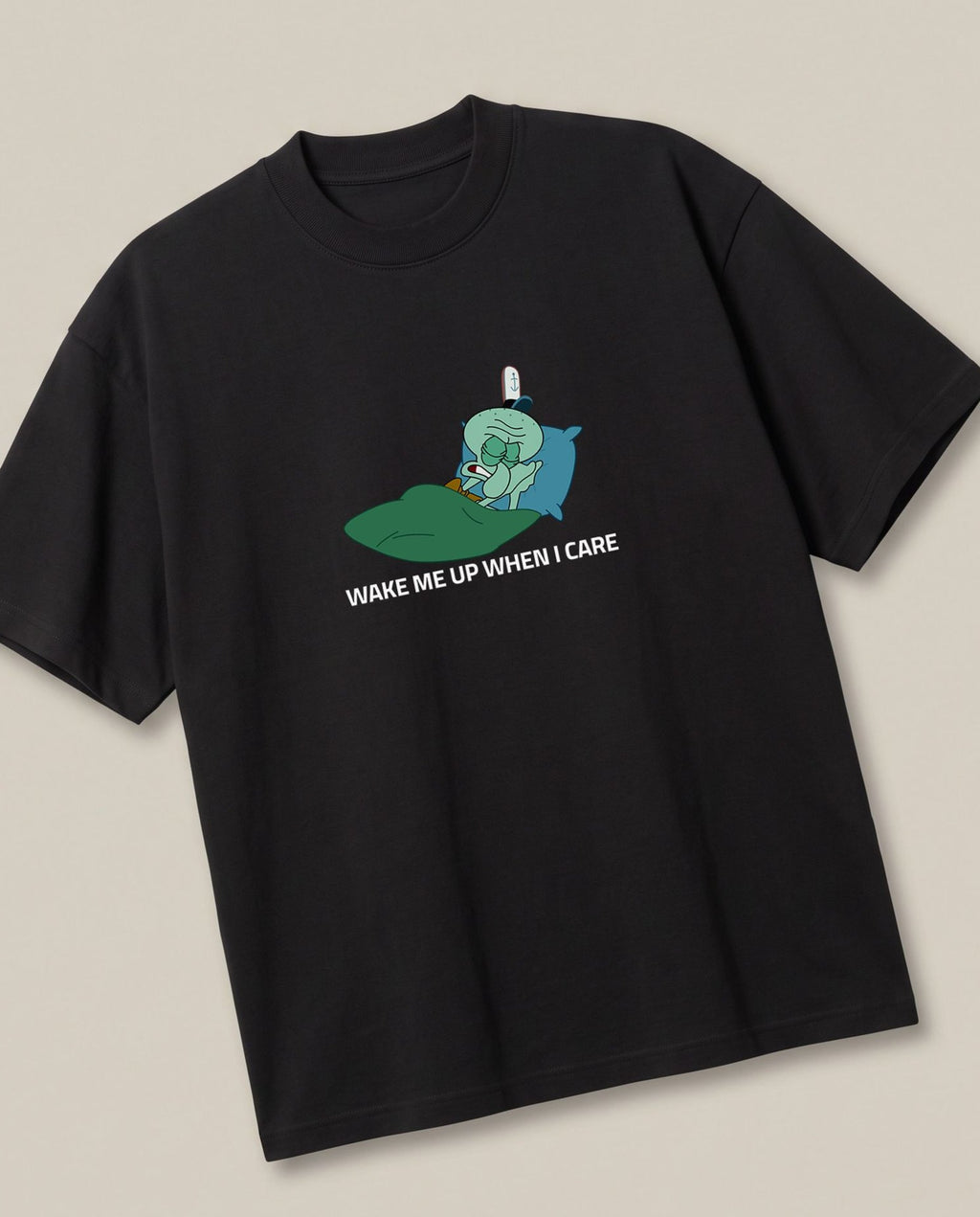 Wake Me Up When I Care Black oversized t-shirt — wake squidward up when he cares, angled view