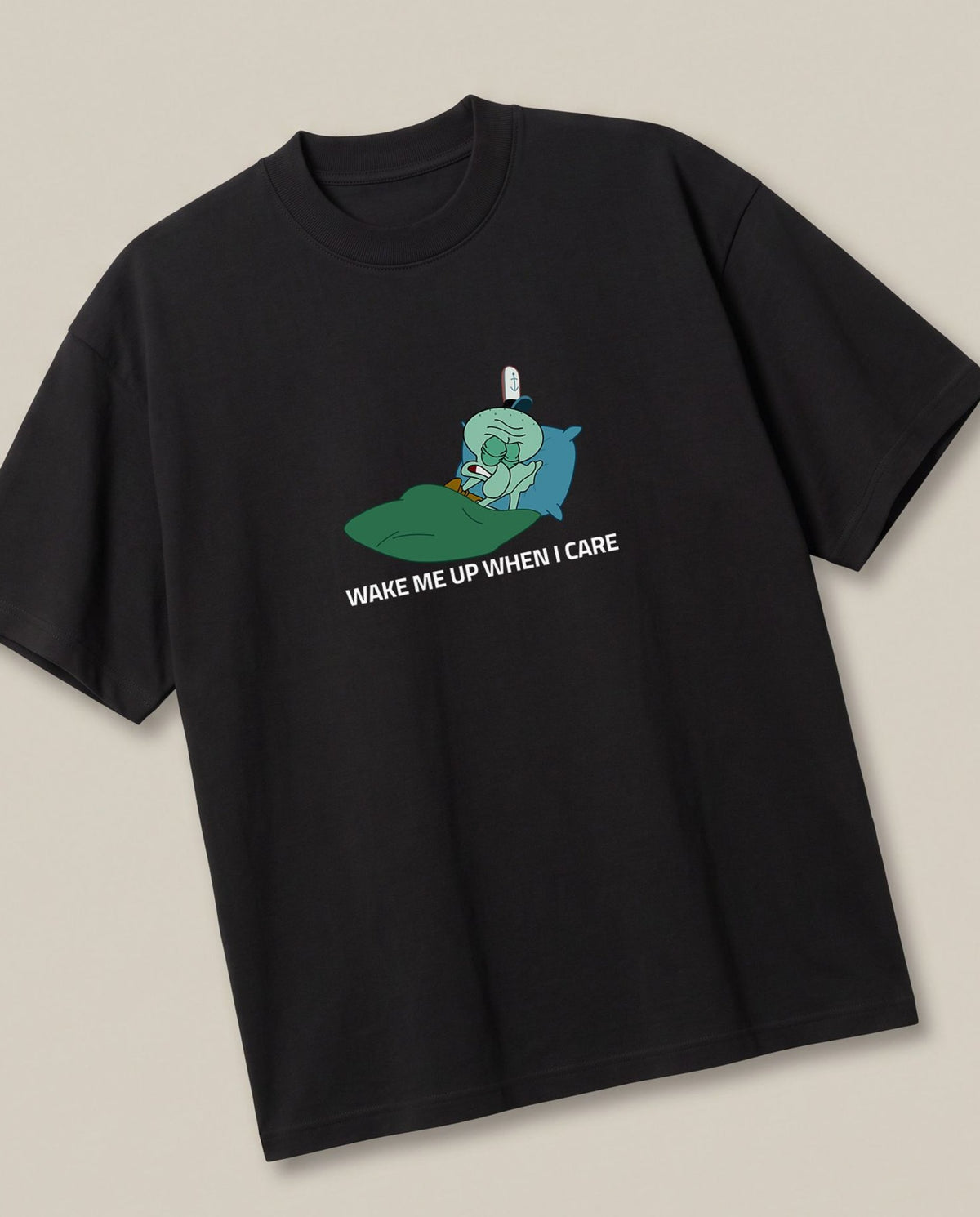Wake Me Up When I Care Black oversized t-shirt — wake squidward up when he cares, angled view