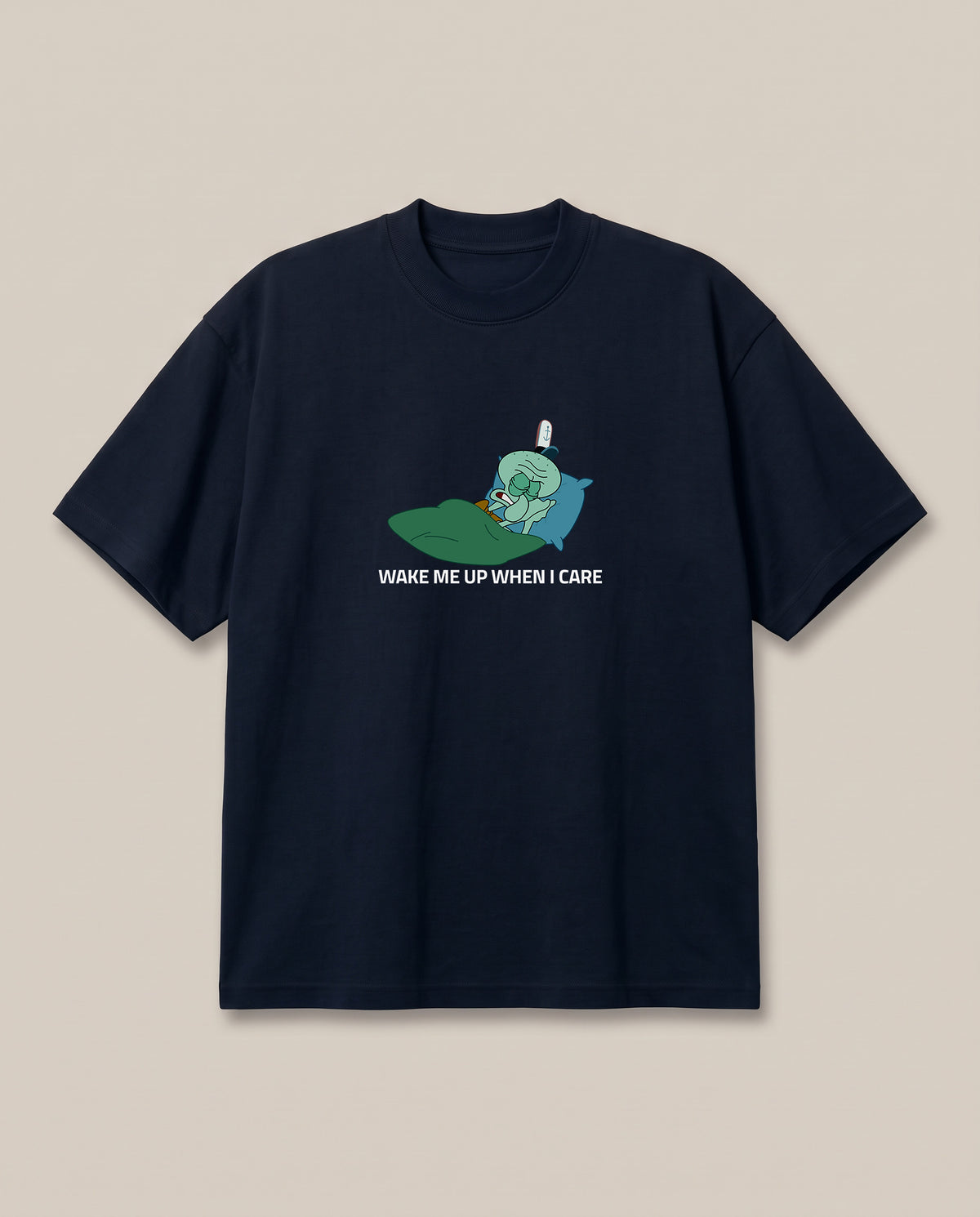 Wake Me Up When I Care Navy oversized t-shirt — wake squidward up when he cares, front print