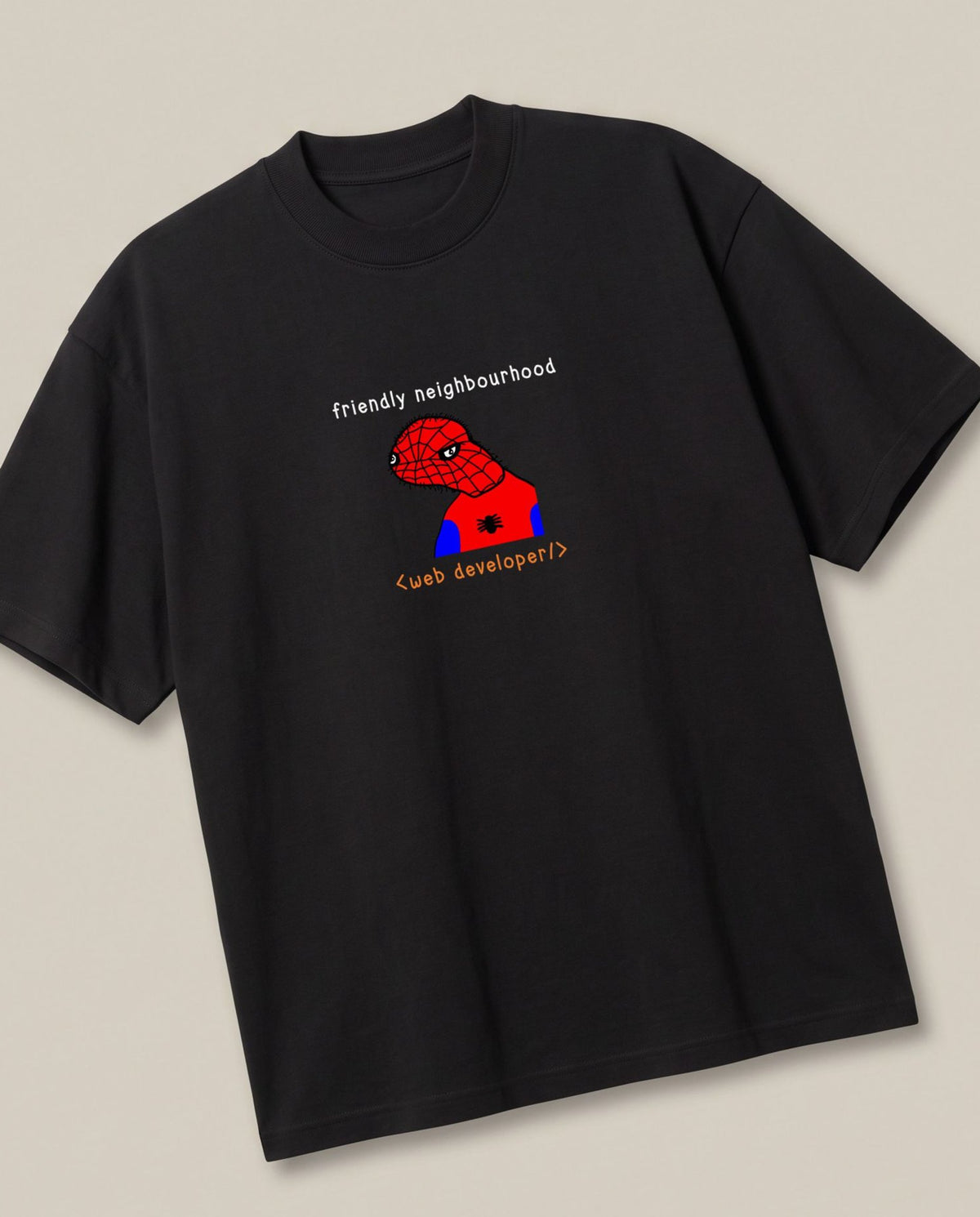 Web Developer Black oversized t-shirt — spider man spoorder man is a highly skilled web developer, angled view