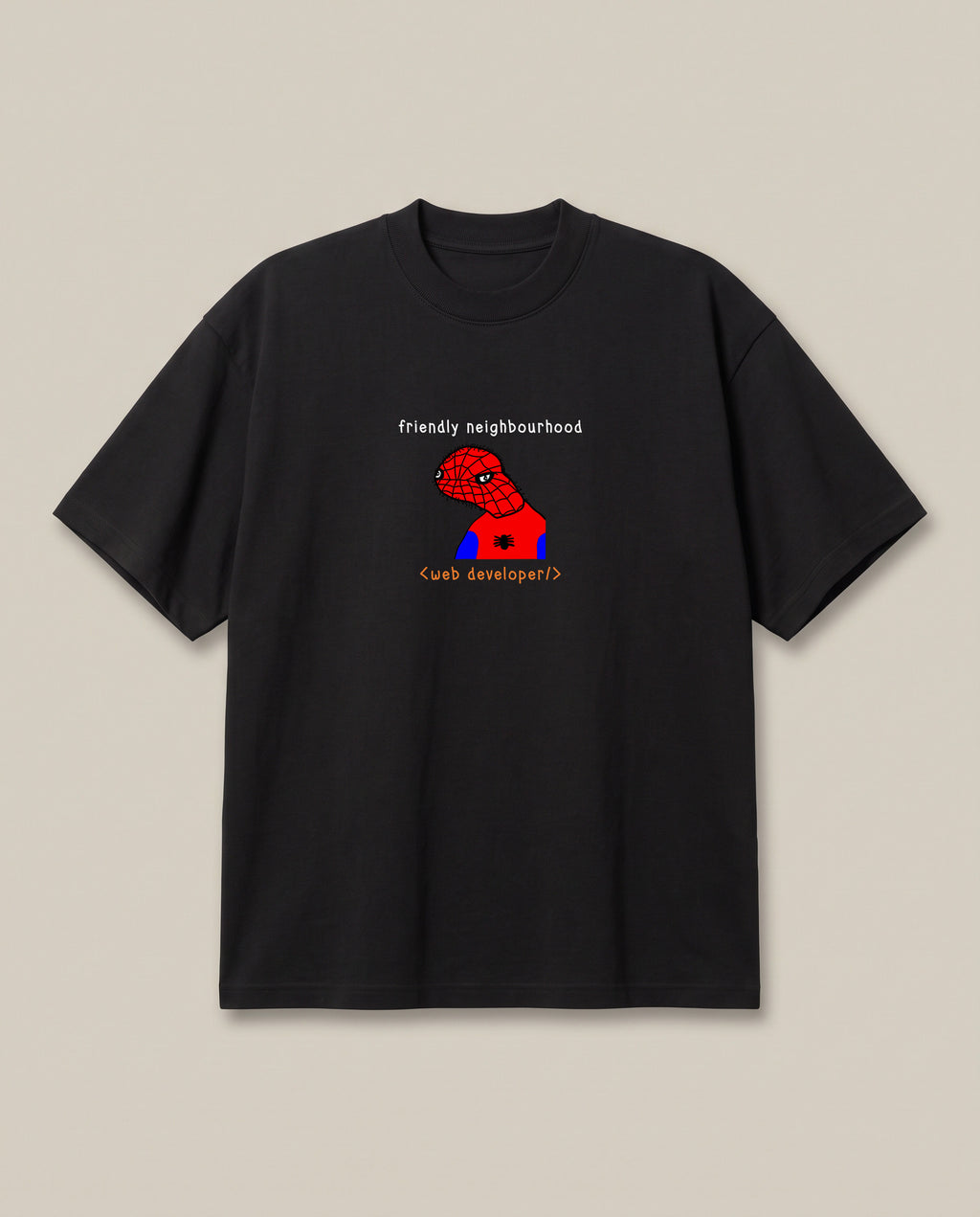 Web Developer Black oversized t-shirt — spider man spoorder man is a highly skilled web developer, front print