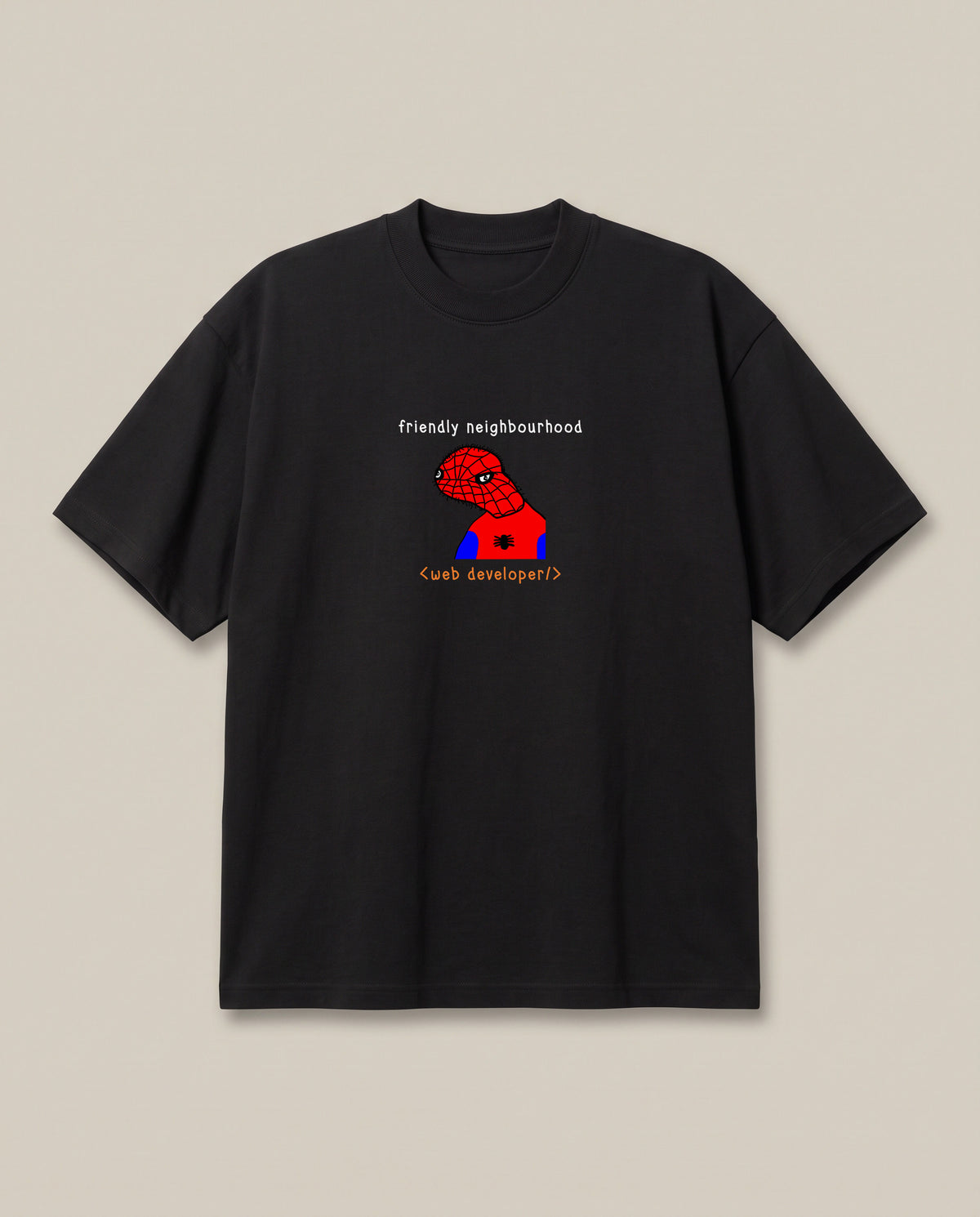 Web Developer Black oversized t-shirt — spider man spoorder man is a highly skilled web developer, front print
