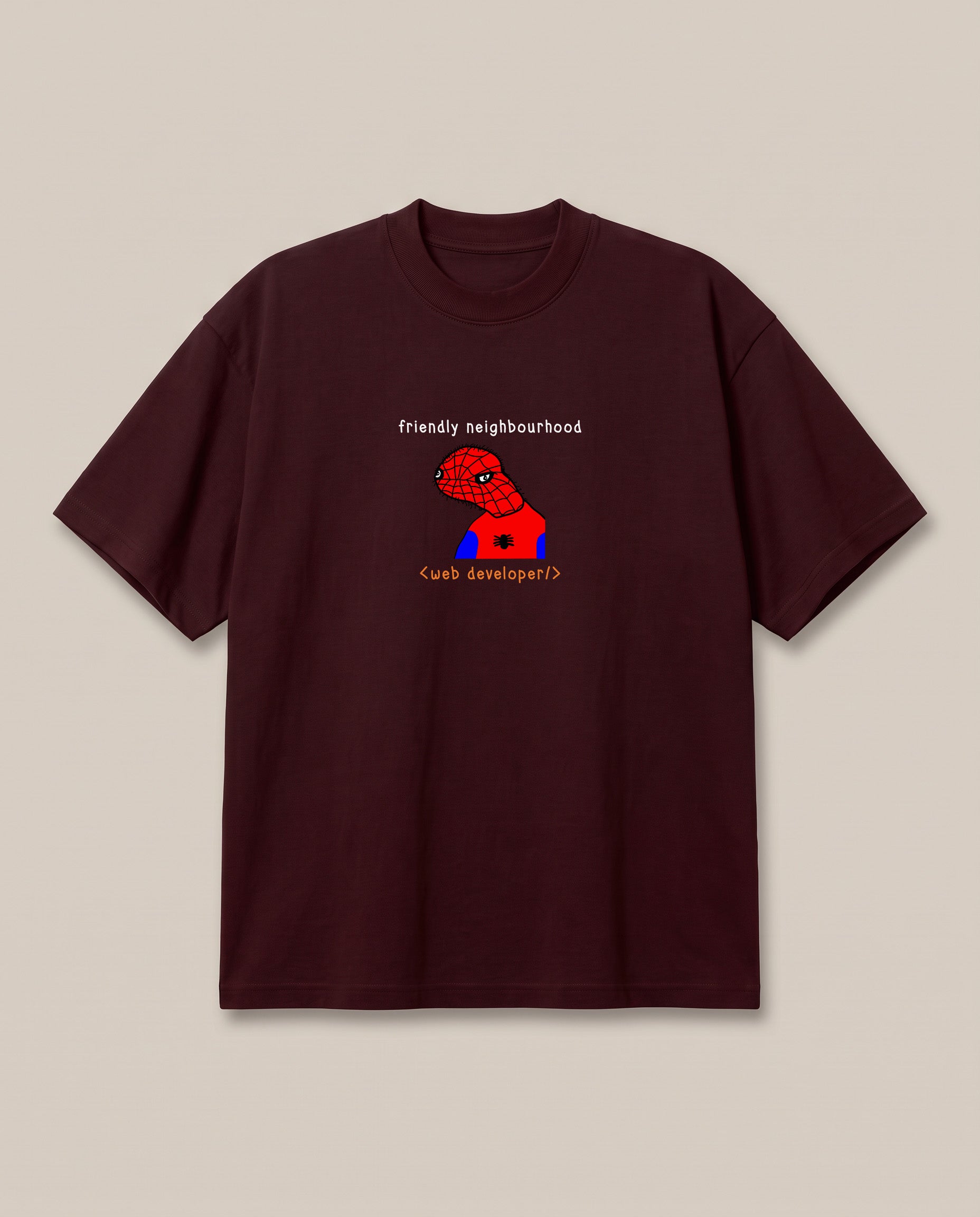 Web Developer Maroon oversized t-shirt — spider man spoorder man is a highly skilled web developer, front print