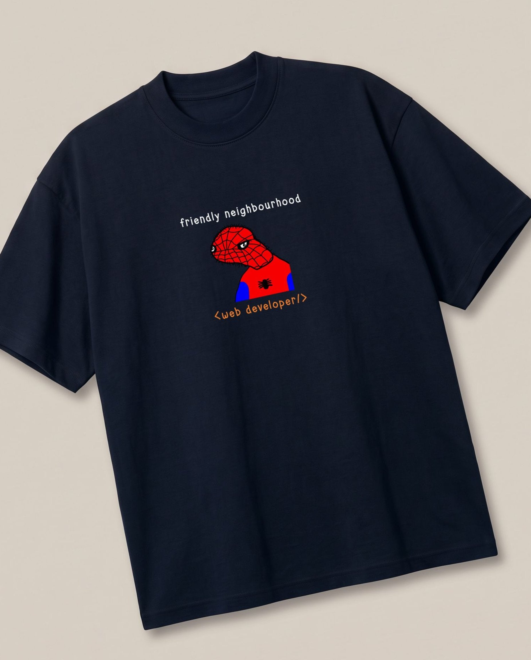 Web Developer Navy oversized t-shirt — spider man spoorder man is a highly skilled web developer, angled view