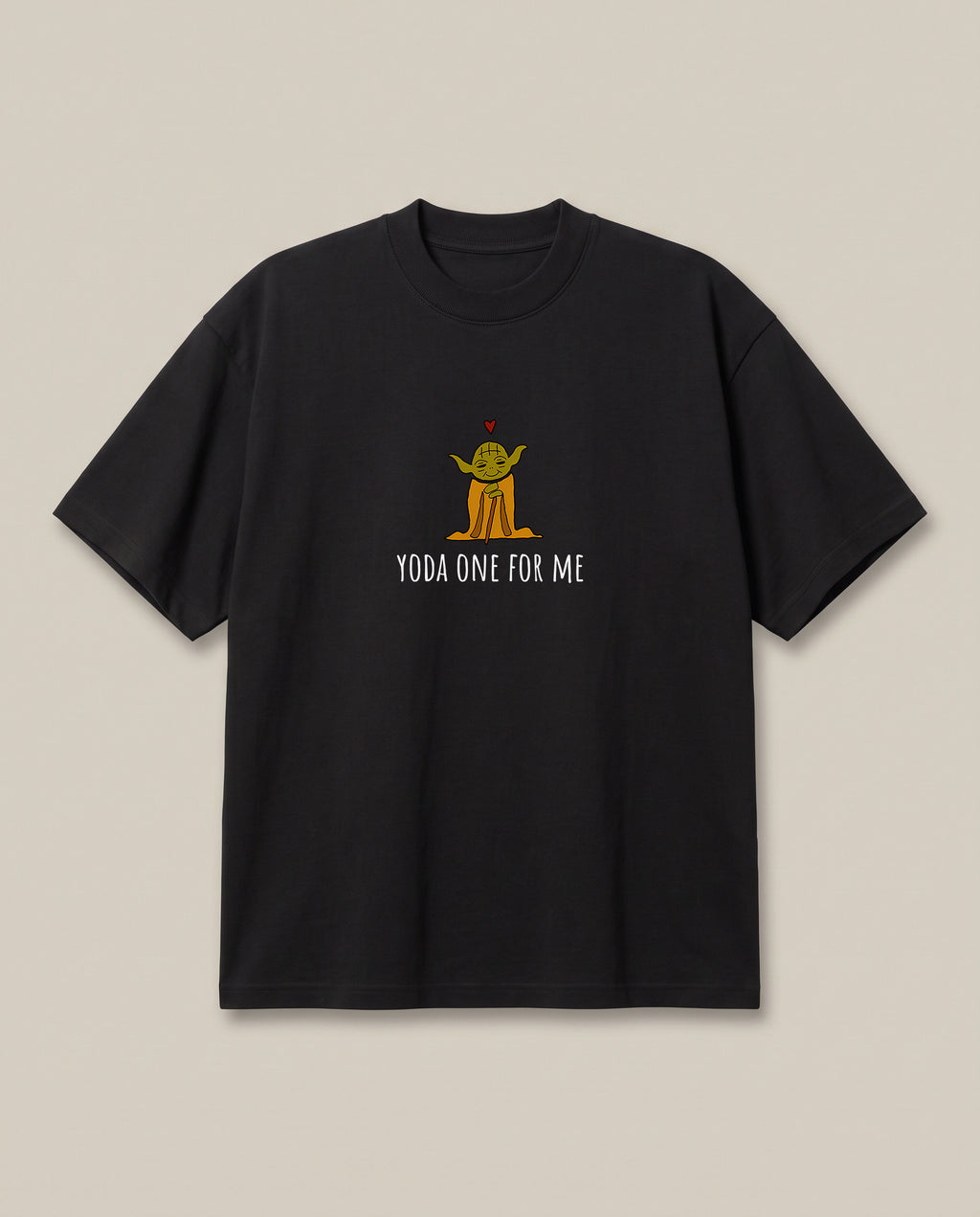 Yoda one for me. Black oversized t-shirt — star war jokes pun, front print
