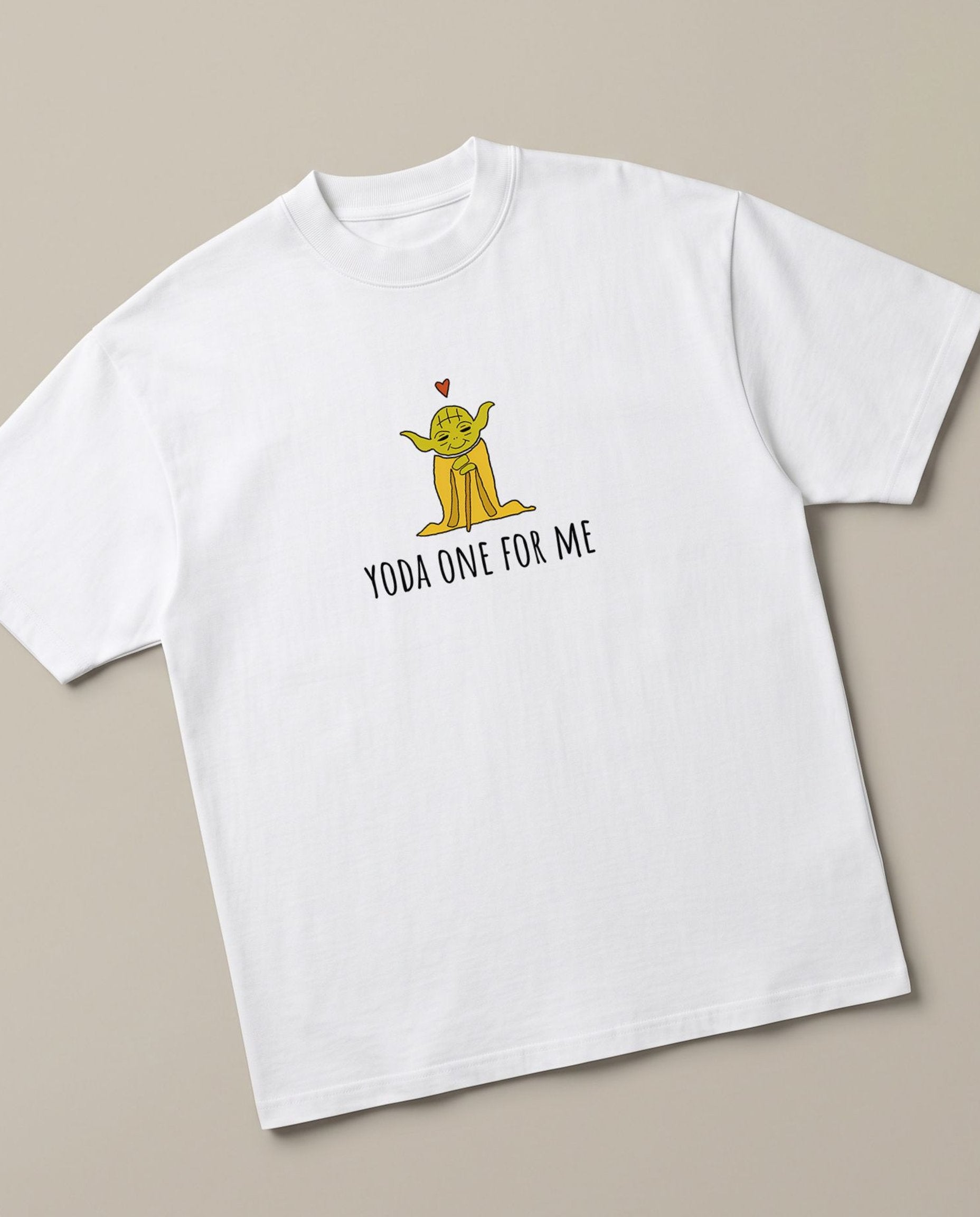 Yoda one for me. White oversized t-shirt — star war jokes pun, angled view
