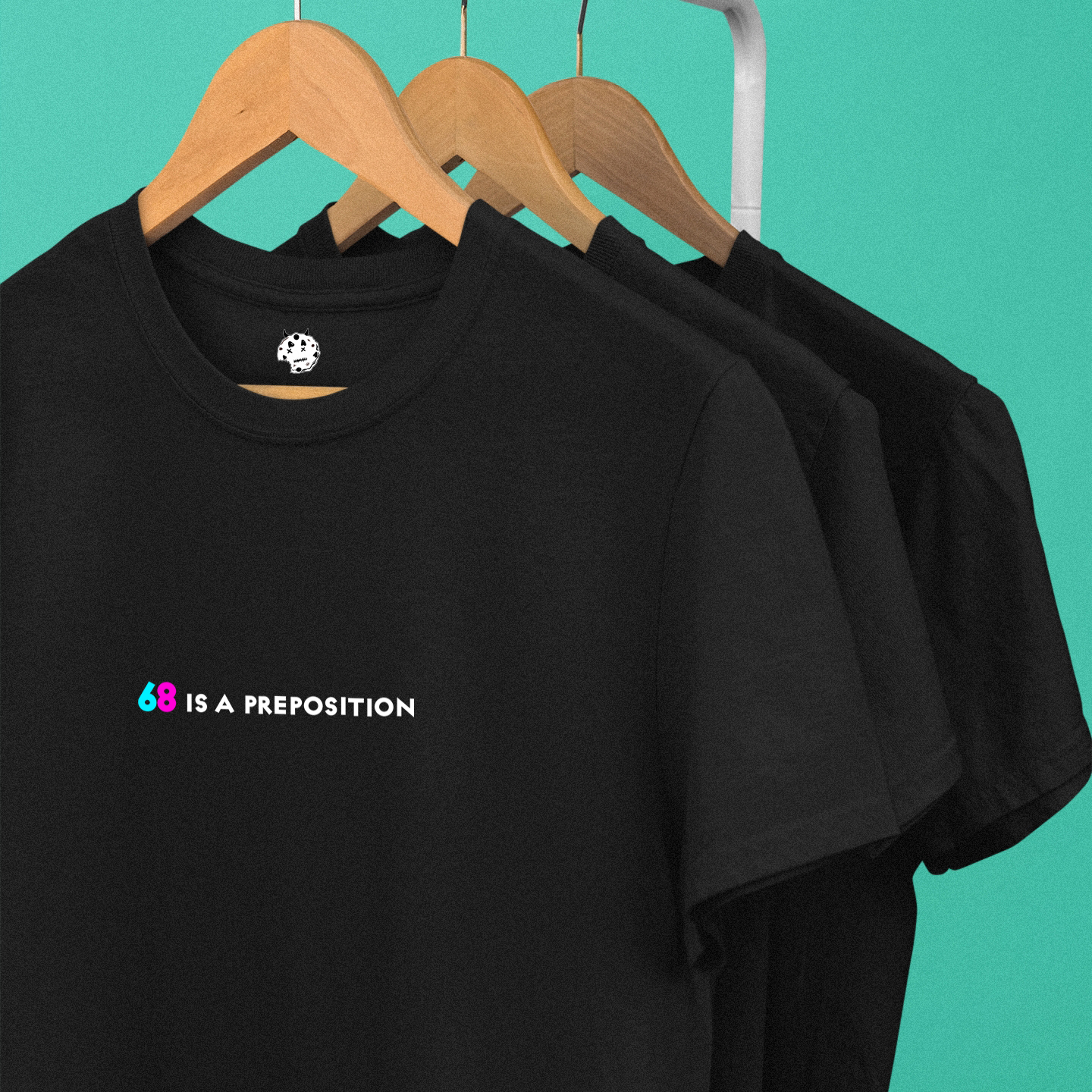 multicoloured number 68 with a joke on 69 on black t-shirt.