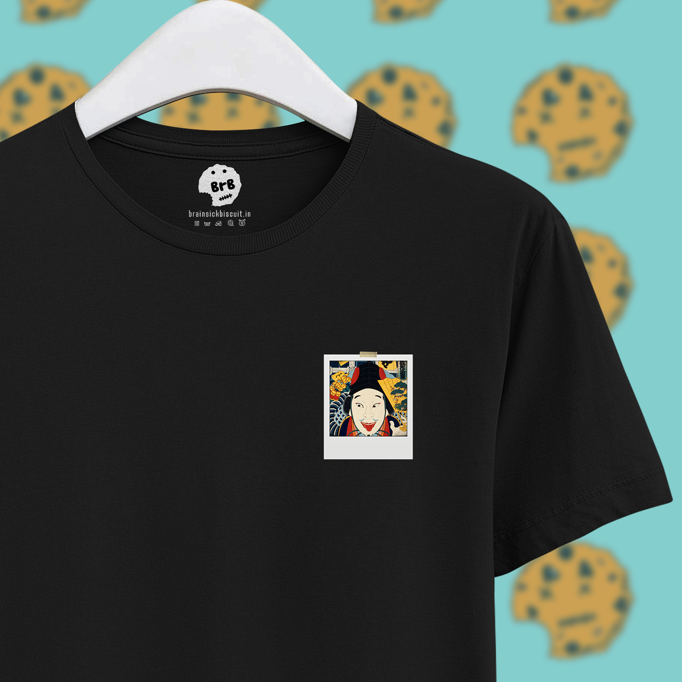 Japanese samurai man with tongue out polaroid on black t-shirt.