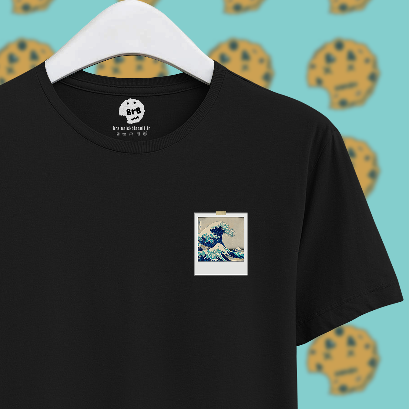 Japanese block painting wave polaroid on black t-shirt.