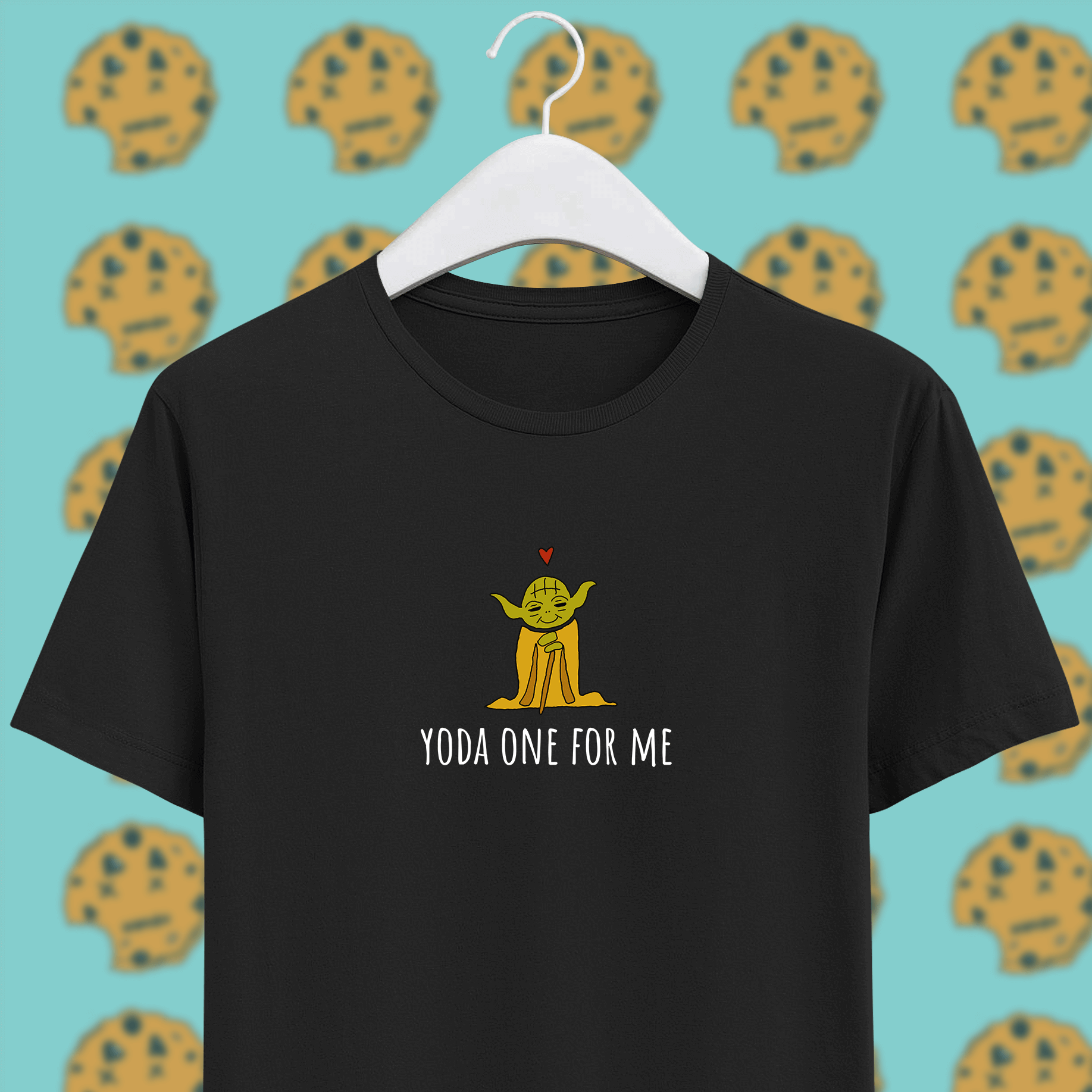 yoda with red heart with yoda one for me pun on black unisex t-shirt on hanger