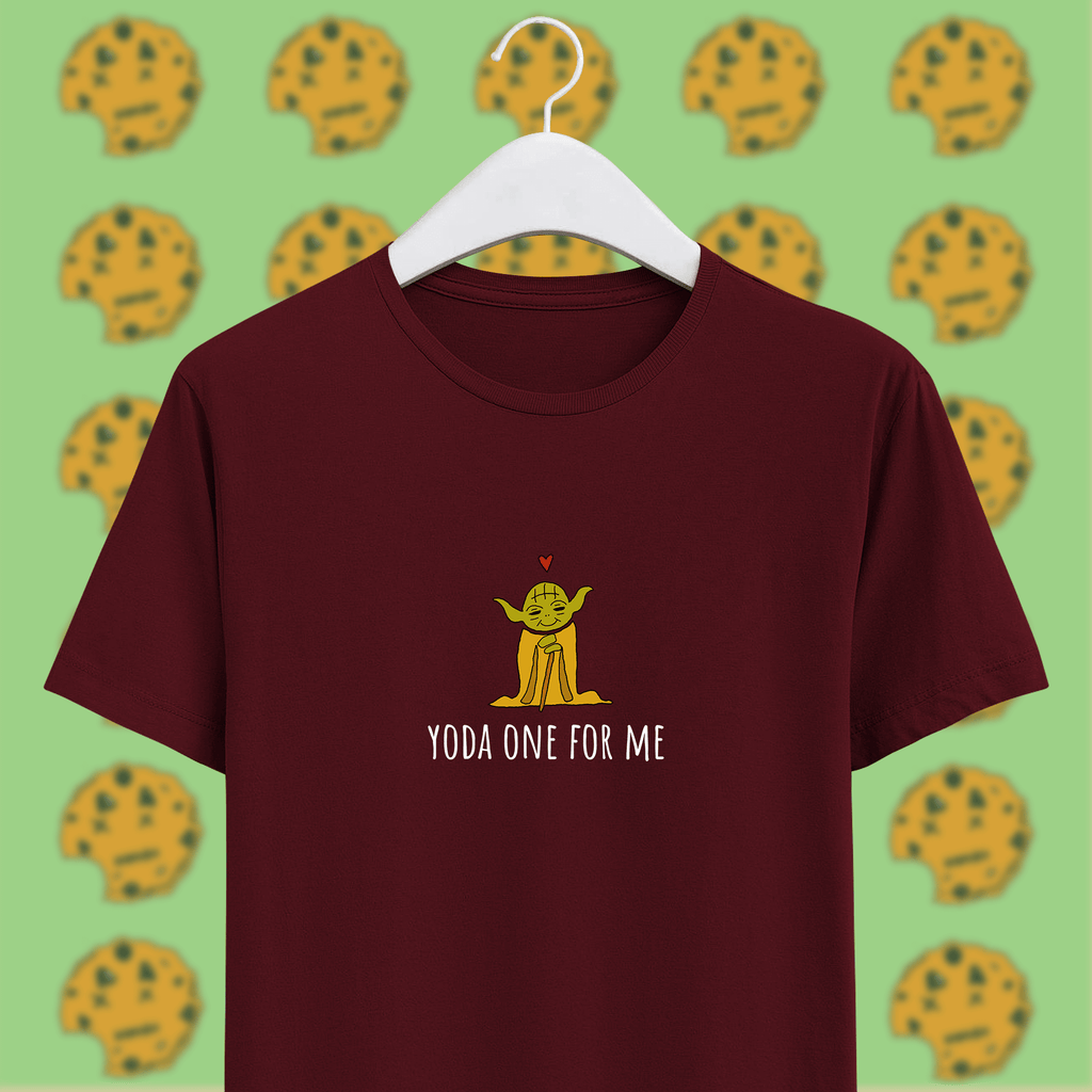 yoda with red heart with yoda one for me pun on maroon unisex t-shirt on hanger