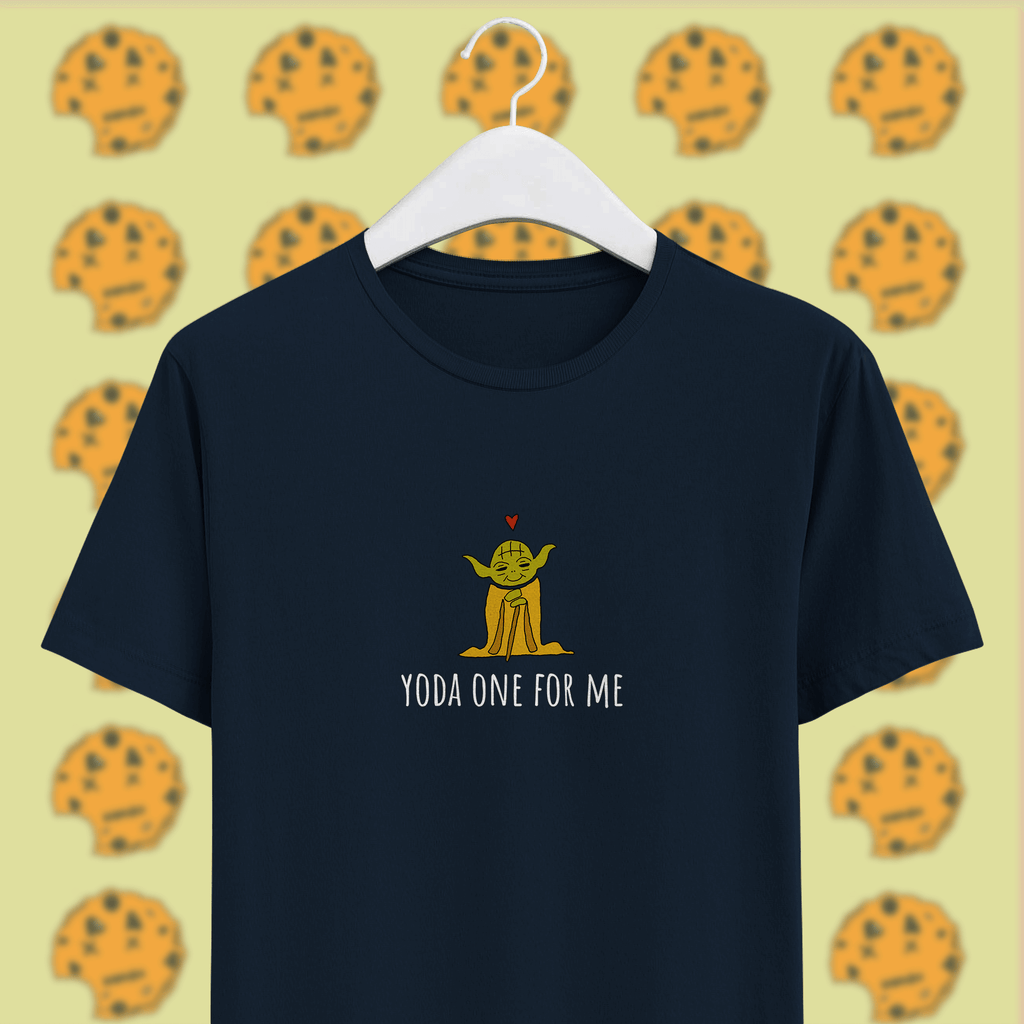 yoda with red heart with yoda one for me pun on navy blue unisex t-shirt on hanger