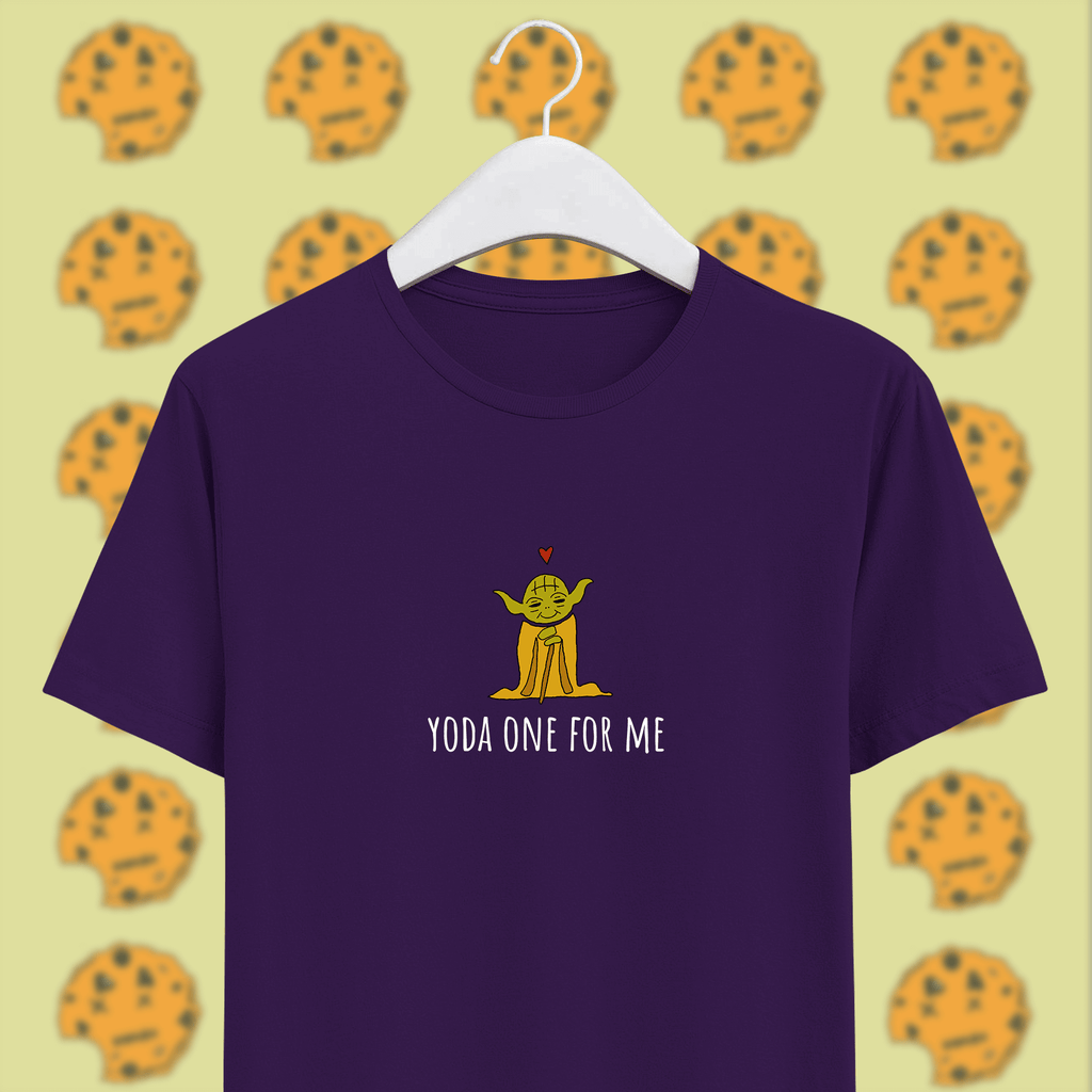 yoda with red heart with yoda one for me pun on purple unisex t-shirt on hanger