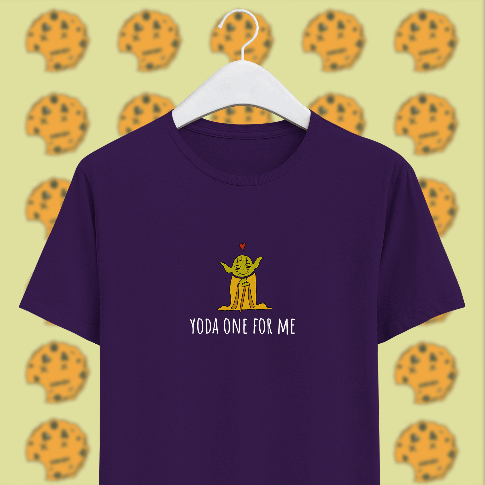 yoda with red heart with yoda one for me pun on purple unisex t-shirt on hanger