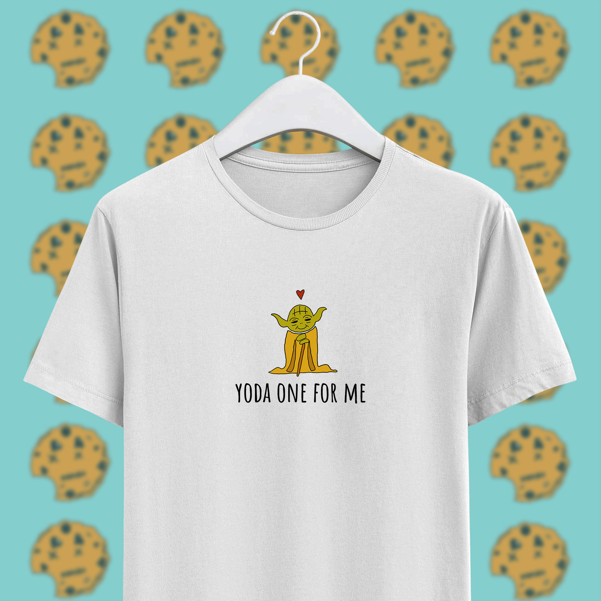 yoda with red heart with yoda one for me pun on white unisex t-shirt on hanger