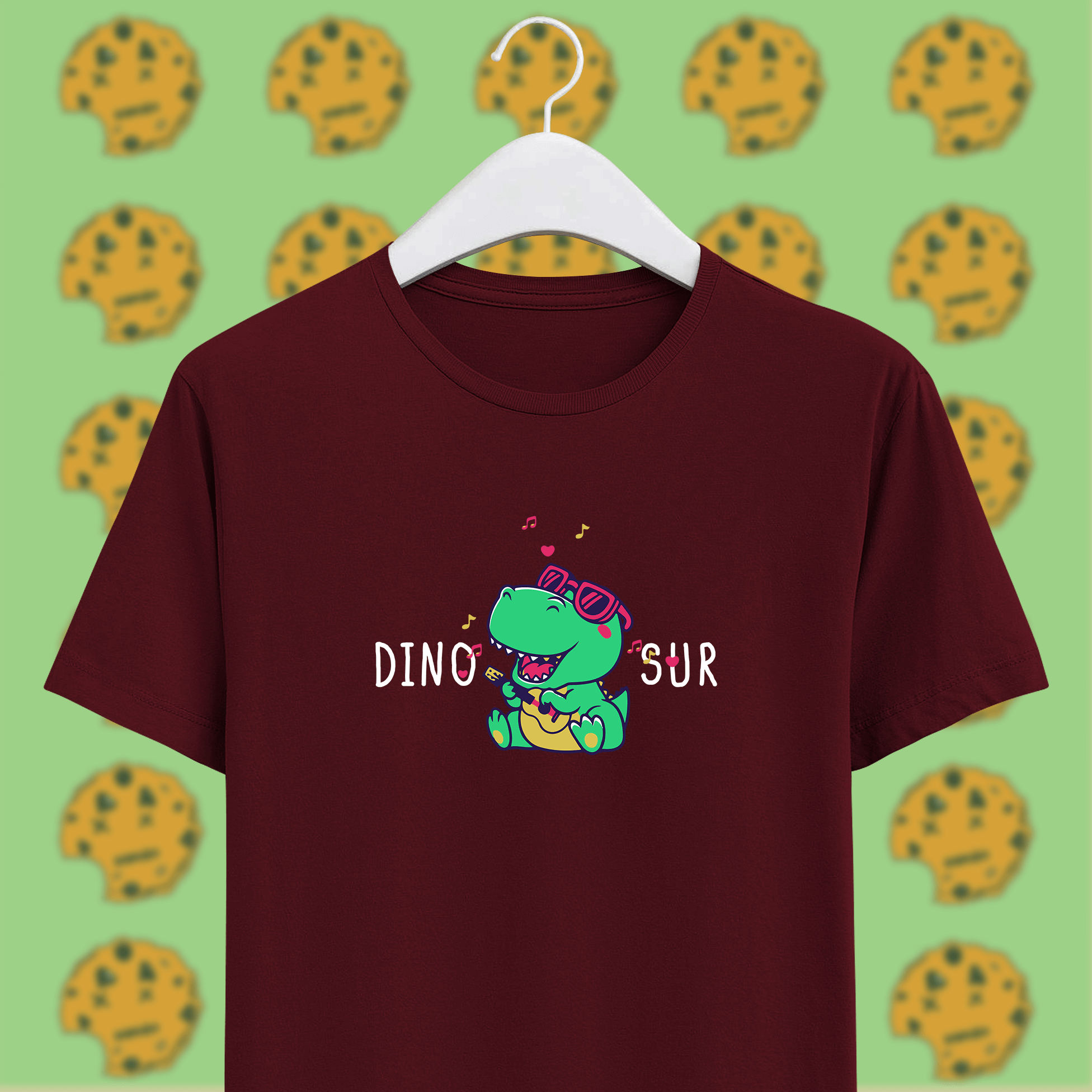 singing dinosaur on maroon unisex cotton t-shirt, funny pun 