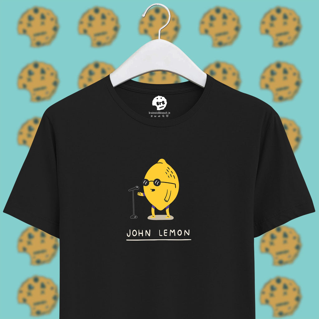 john lennon yellow lemon pun on black half sleeves unisex t-shirt.